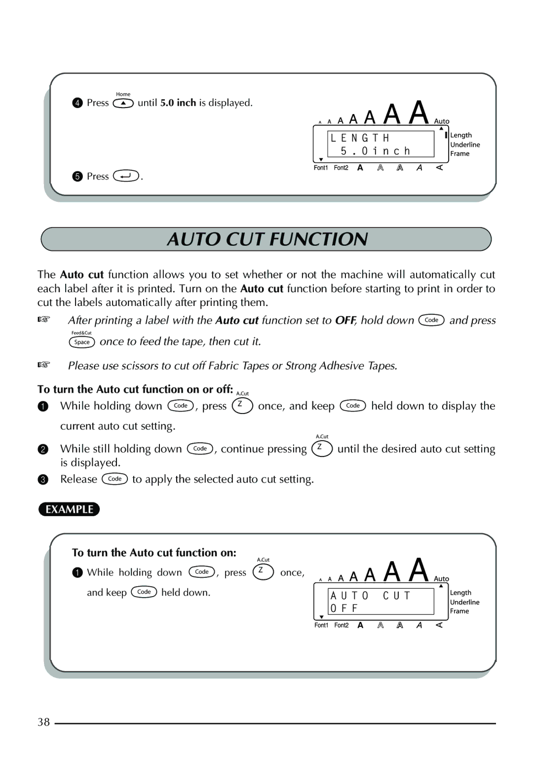 Brother PT-1960, PT-1950 manual Auto CUT Function, To turn the Auto cut function on or off 