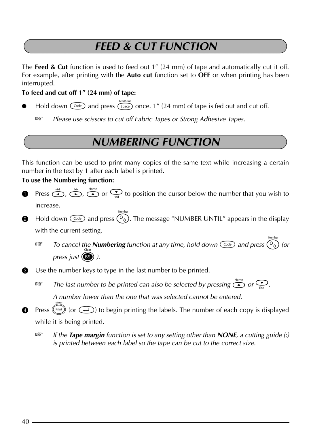 Brother PT-1960, PT-1950 manual Feed & CUT Function, Numbering Function, To feed and cut off 1 24 mm of tape 