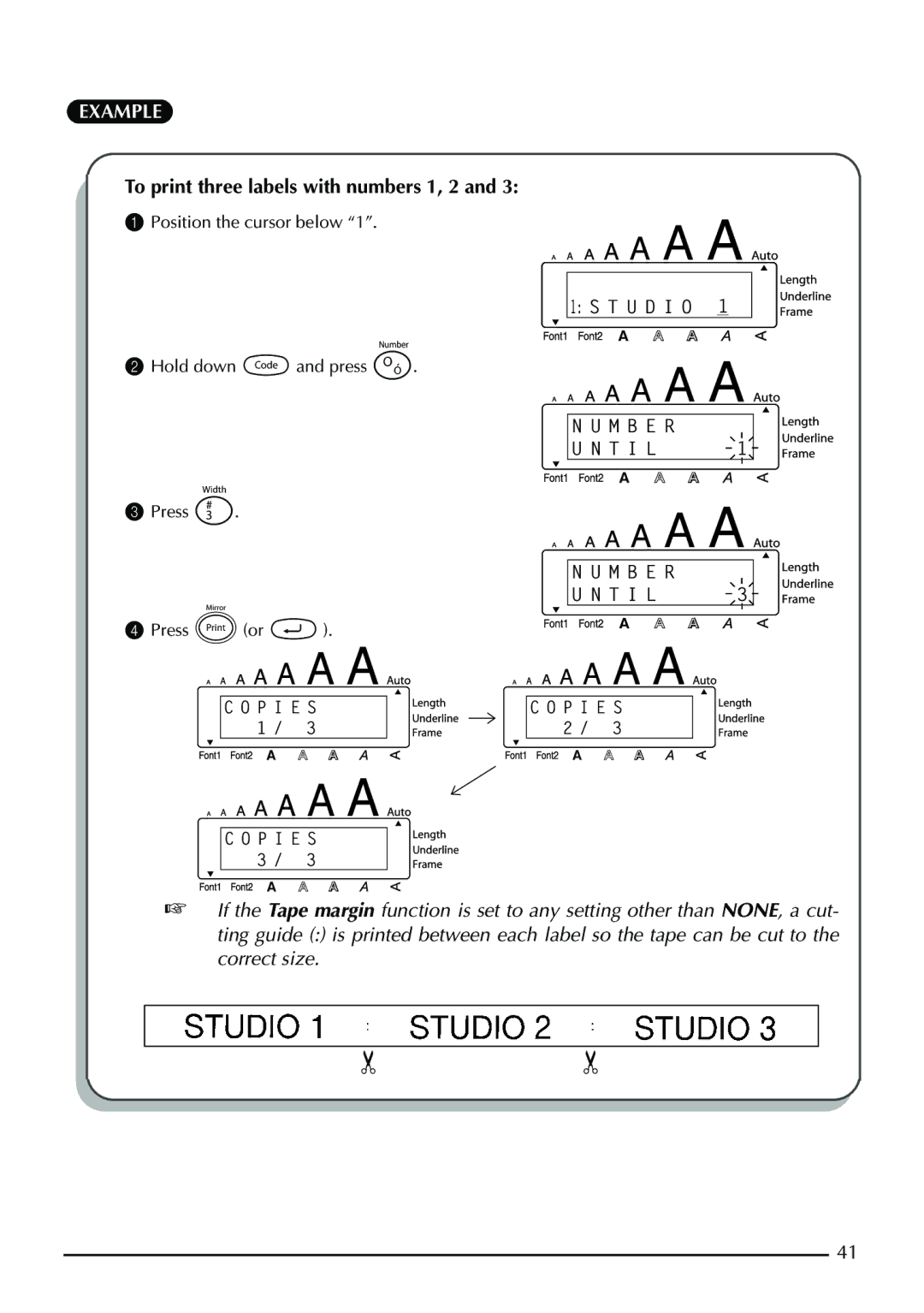 Brother PT-1950, PT-1960 manual To print three labels with numbers 1, 2 