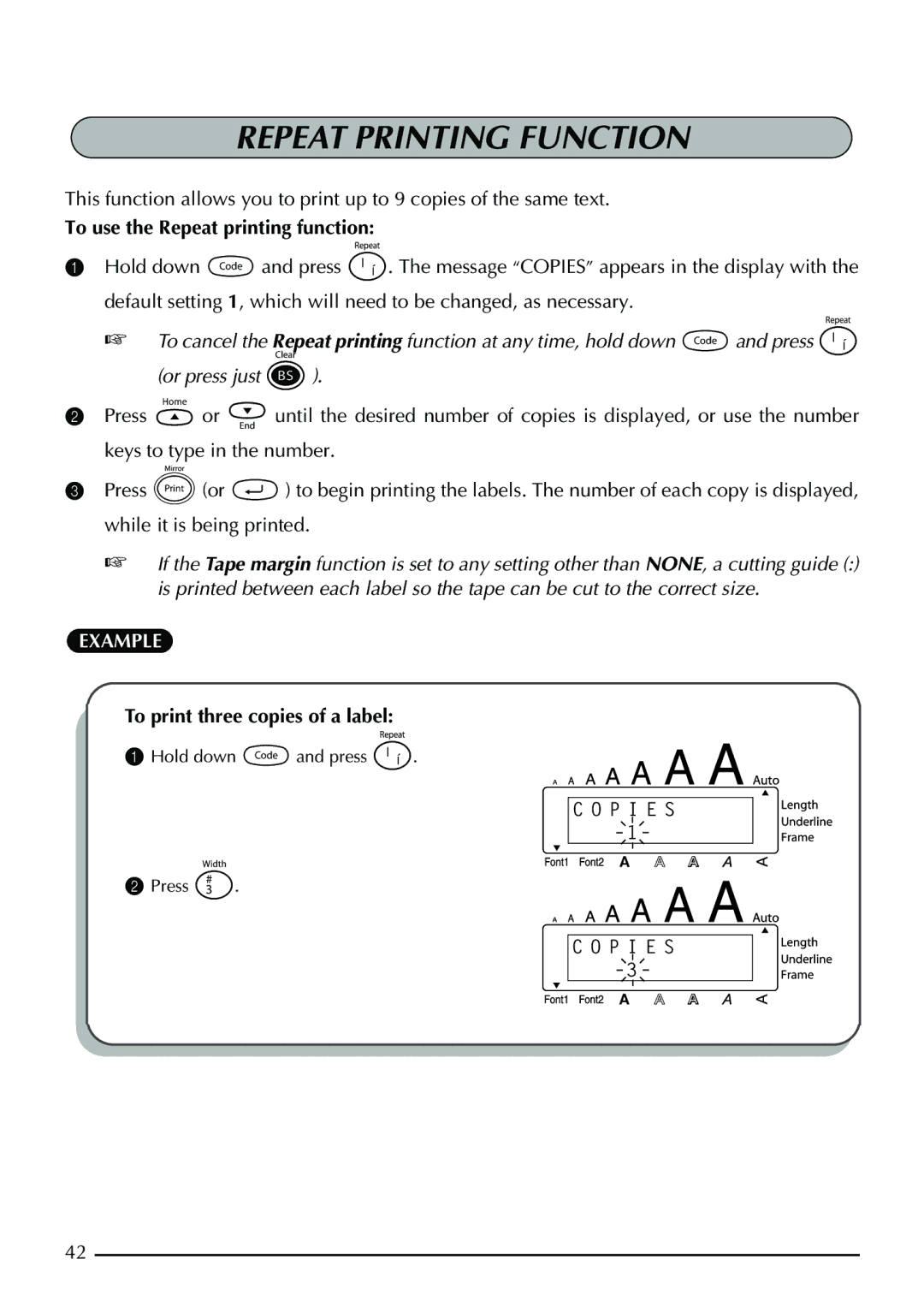 Brother PT-1960, PT-1950 Repeat Printing Function, To use the Repeat printing function, To print three copies of a label 