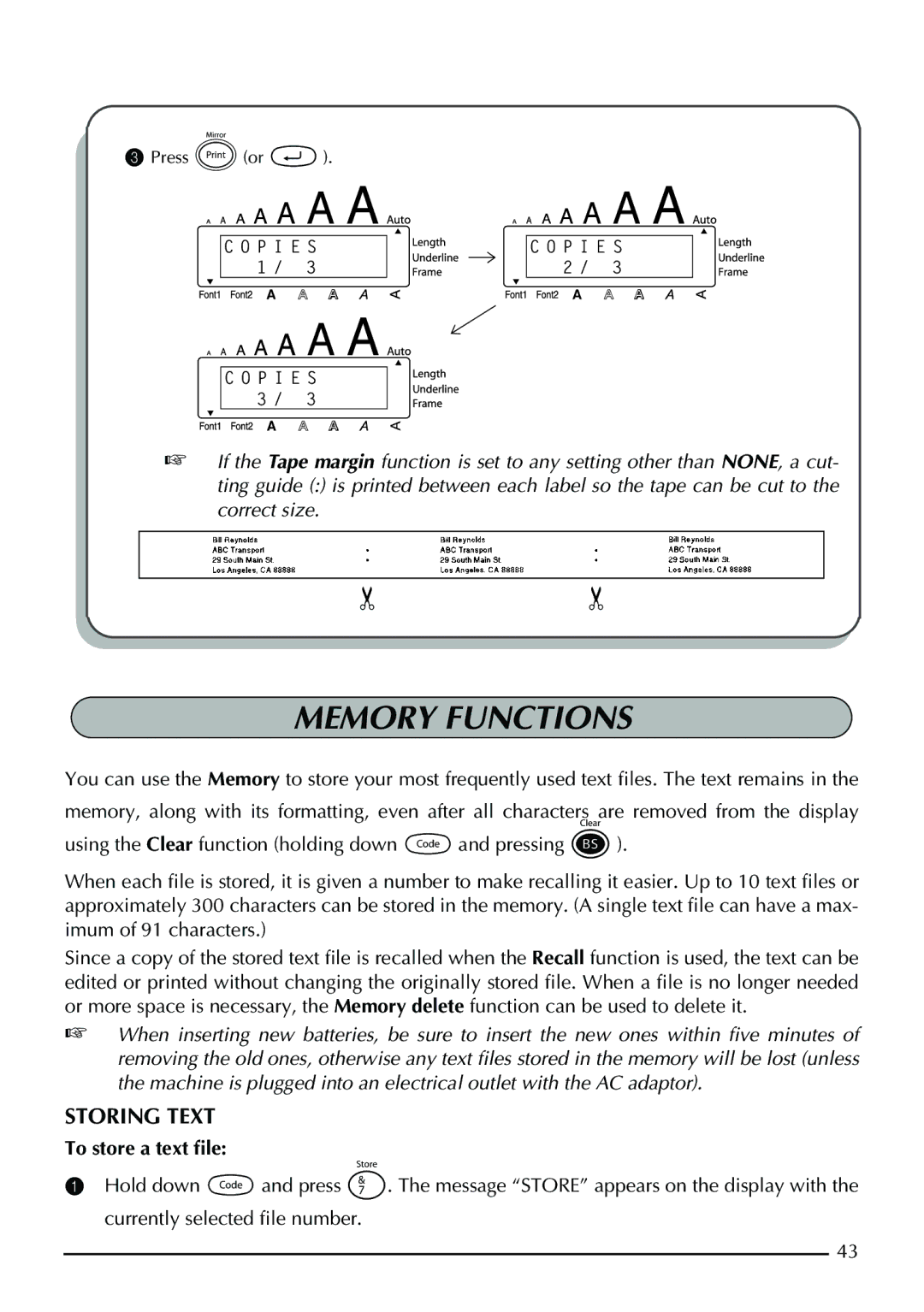 Brother PT-1950, PT-1960 manual Memory Functions, Storing Text, To store a text file 