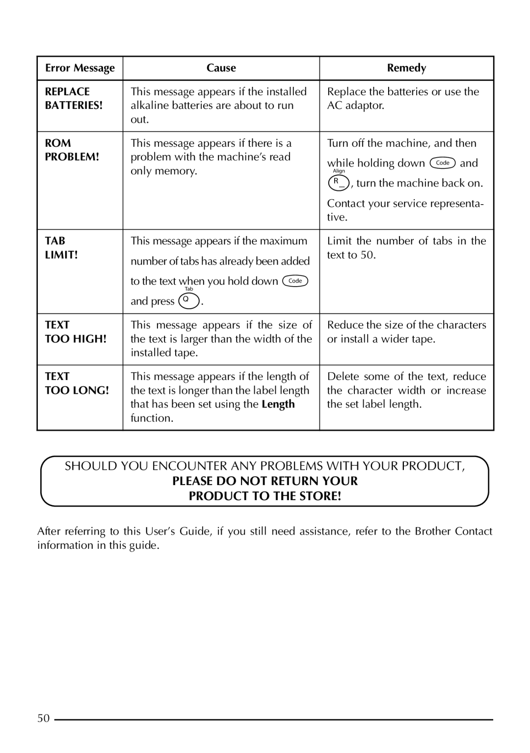 Brother PT-1960, PT-1950 manual Please do not Return Your Product to the Store, Problem 