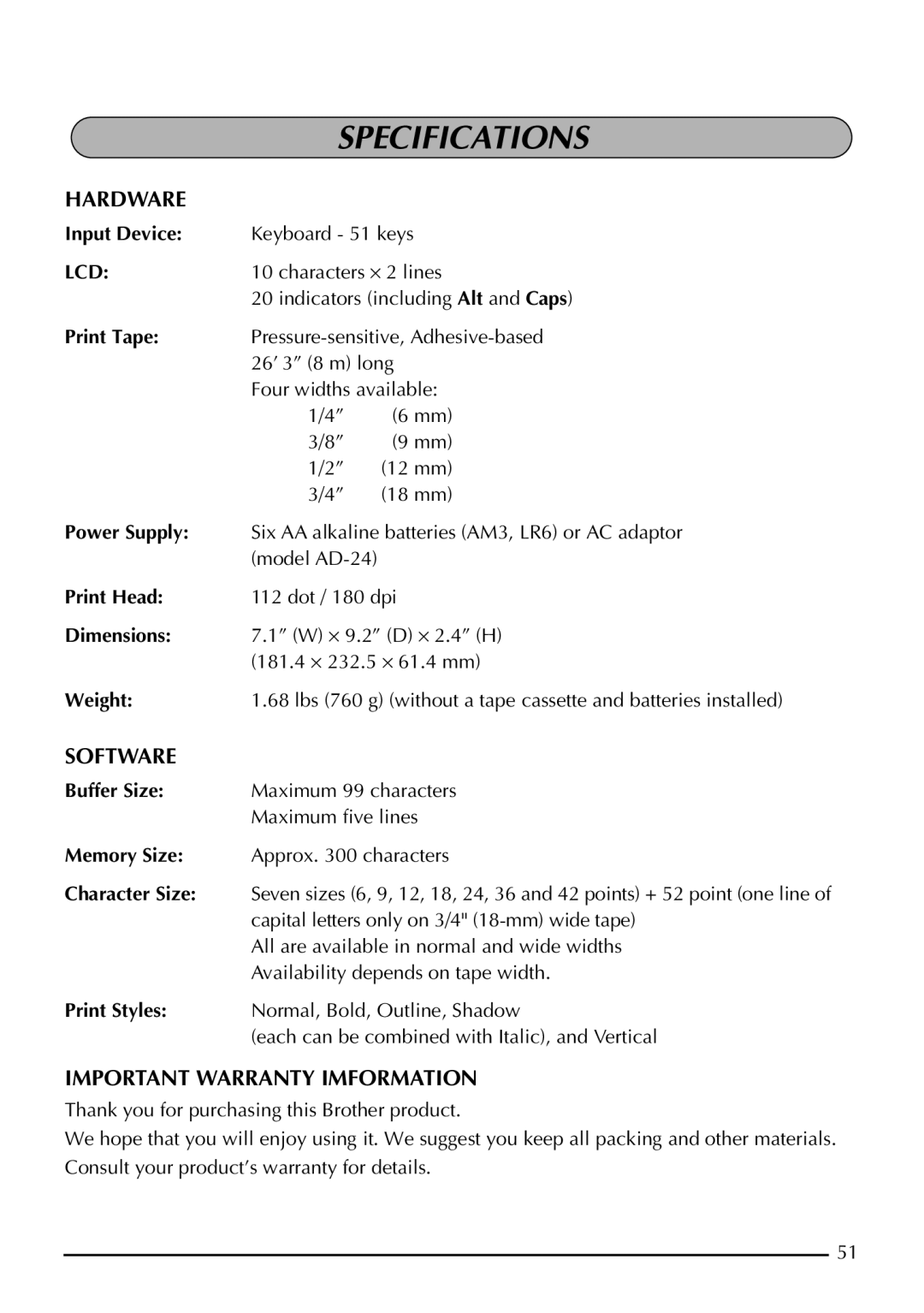 Brother PT-1950, PT-1960 manual Specifications, Hardware, Software, Important Warranty Imformation 