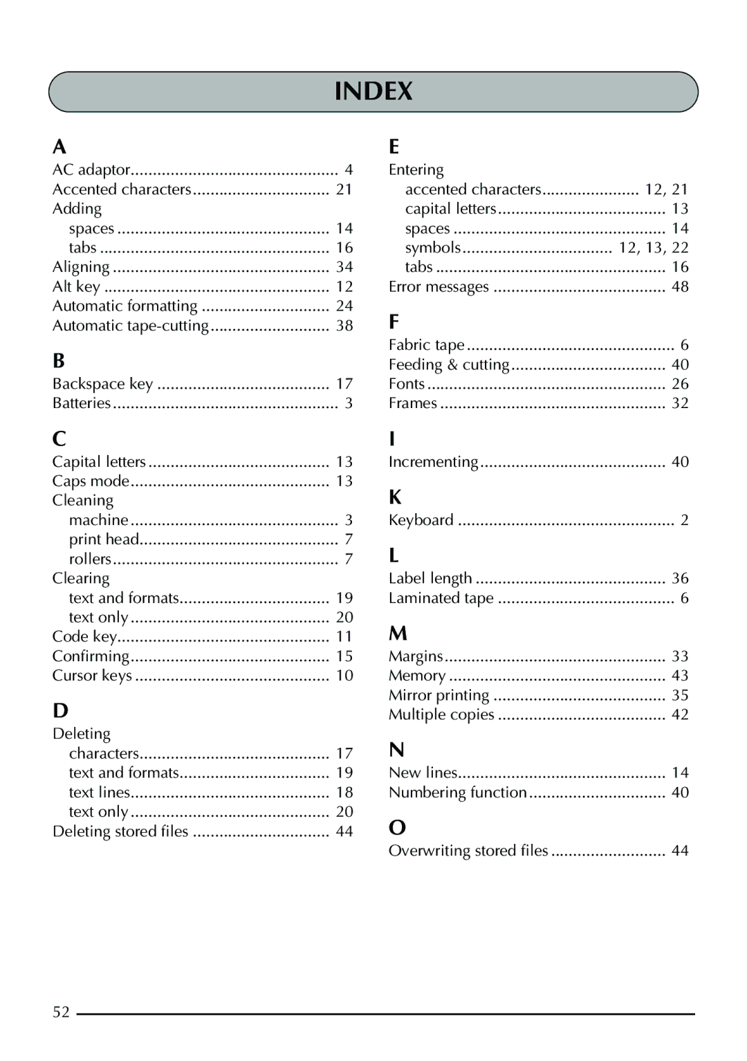 Brother PT-1960, PT-1950 manual Index, Adding 