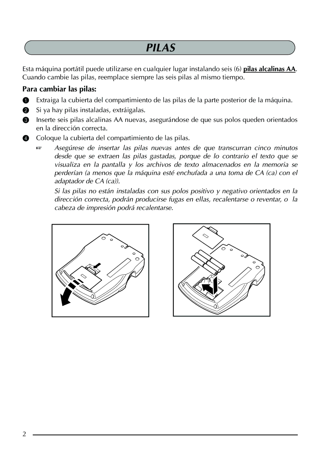 Brother PT-1960, PT-1950 manual Pilas, Para cambiar las pilas 