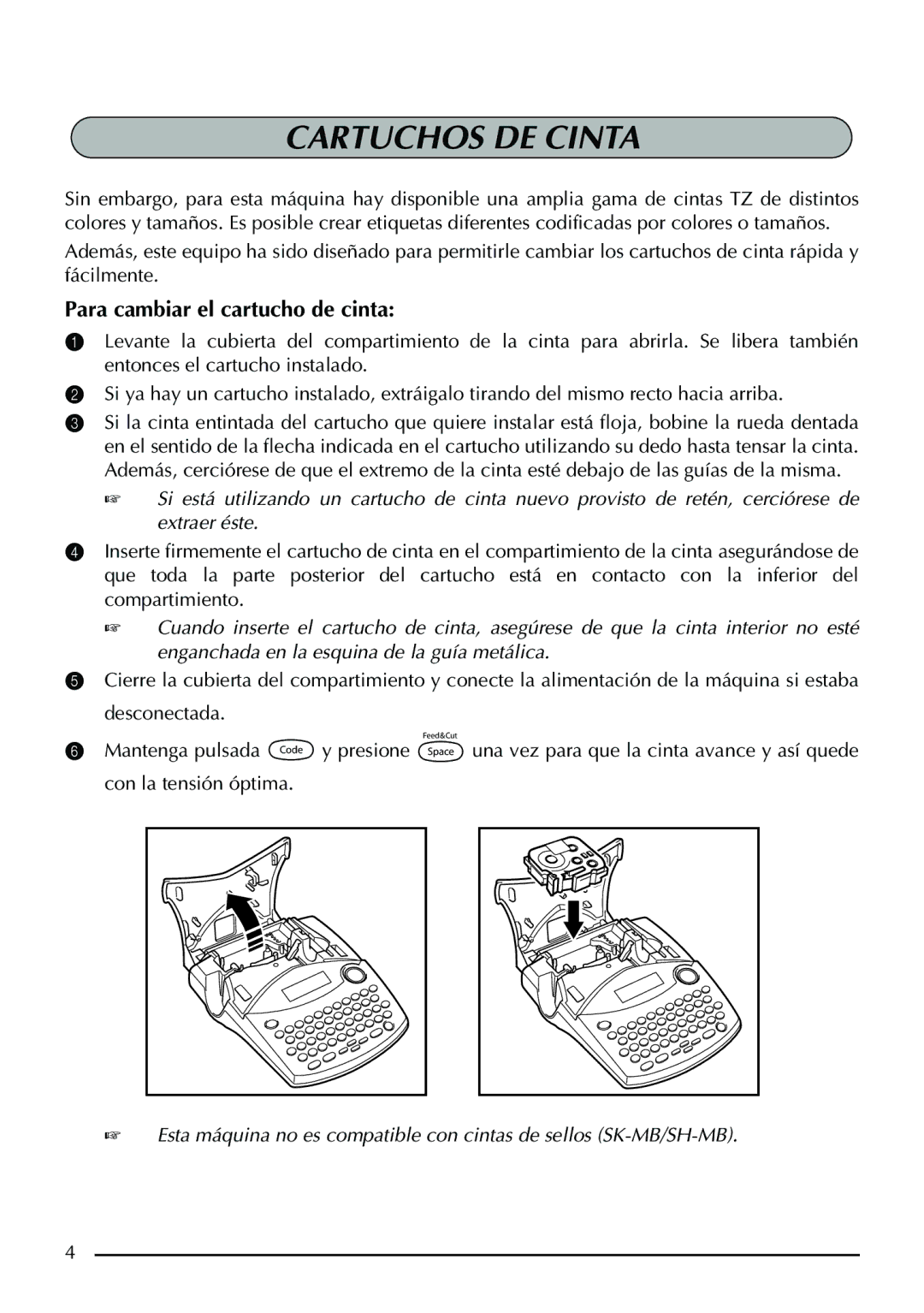 Brother PT-1960, PT-1950 manual Cartuchos DE Cinta, Para cambiar el cartucho de cinta 