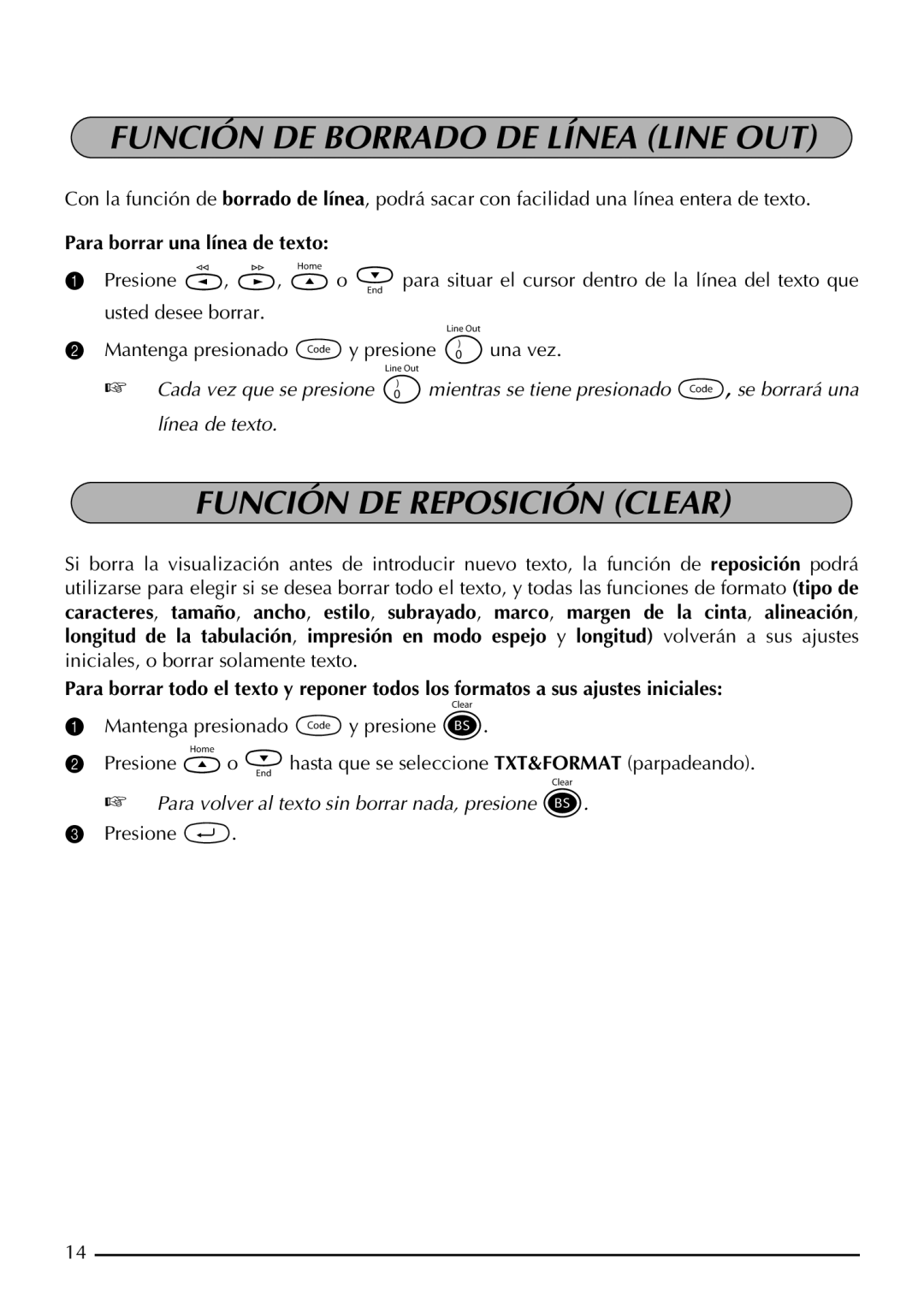 Brother PT-1960, PT-1950 Función DE Borrado DE Línea Line OUT, Función DE Reposición Clear, Para borrar una línea de texto 