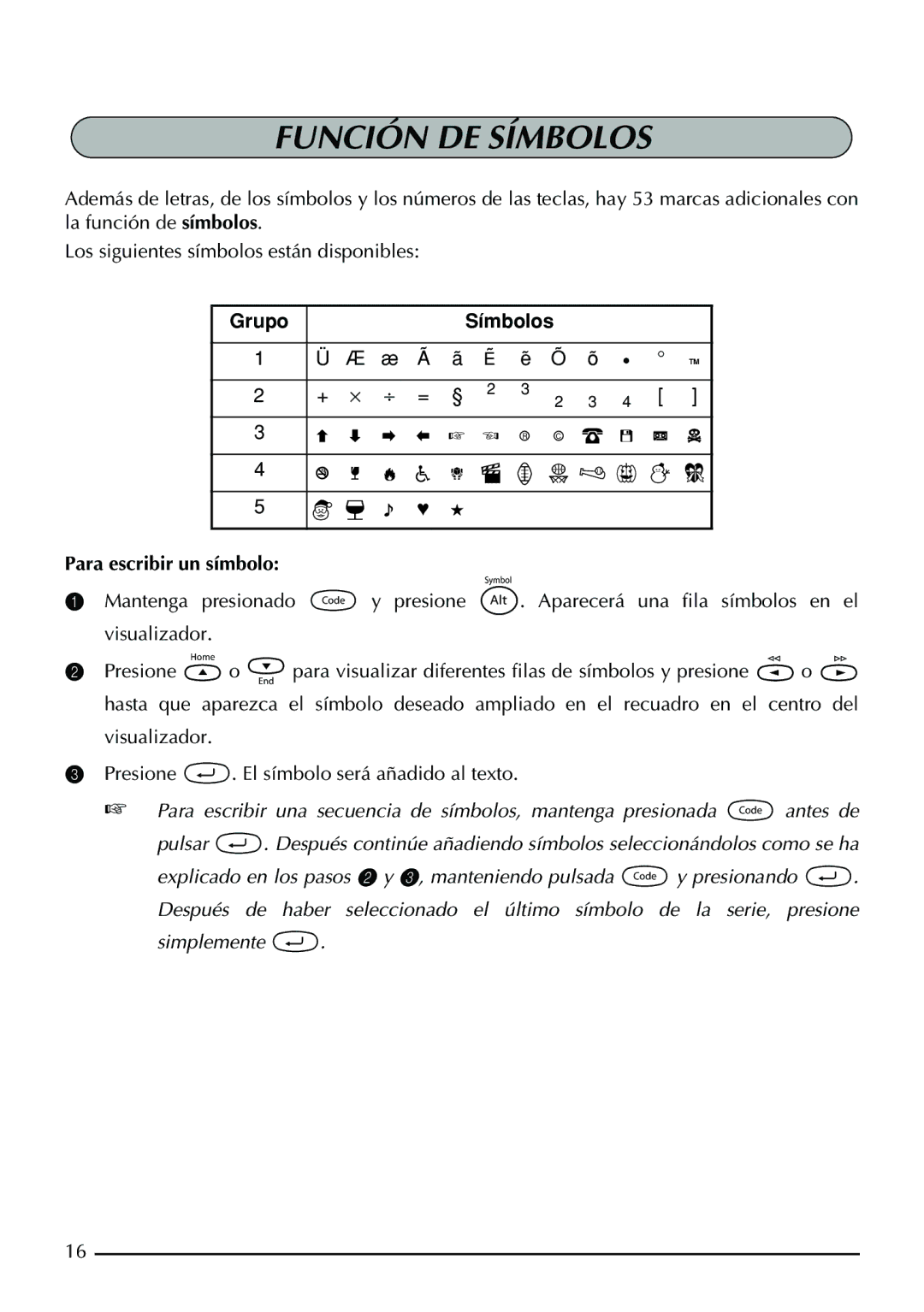 Brother PT-1960, PT-1950 manual Función DE Símbolos, Grupo Símbolos, Para escribir un símbolo 