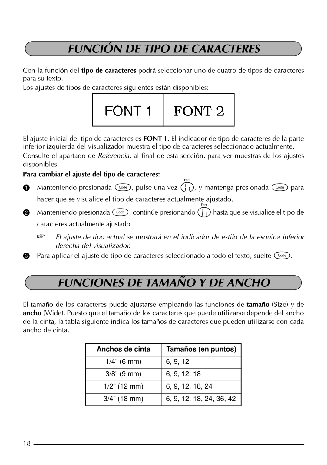 Brother PT-1960, PT-1950 Función DE Tipo DE Caracteres, Funciones DE Tamaño Y DE Ancho, Anchos de cinta Tamaños en puntos 