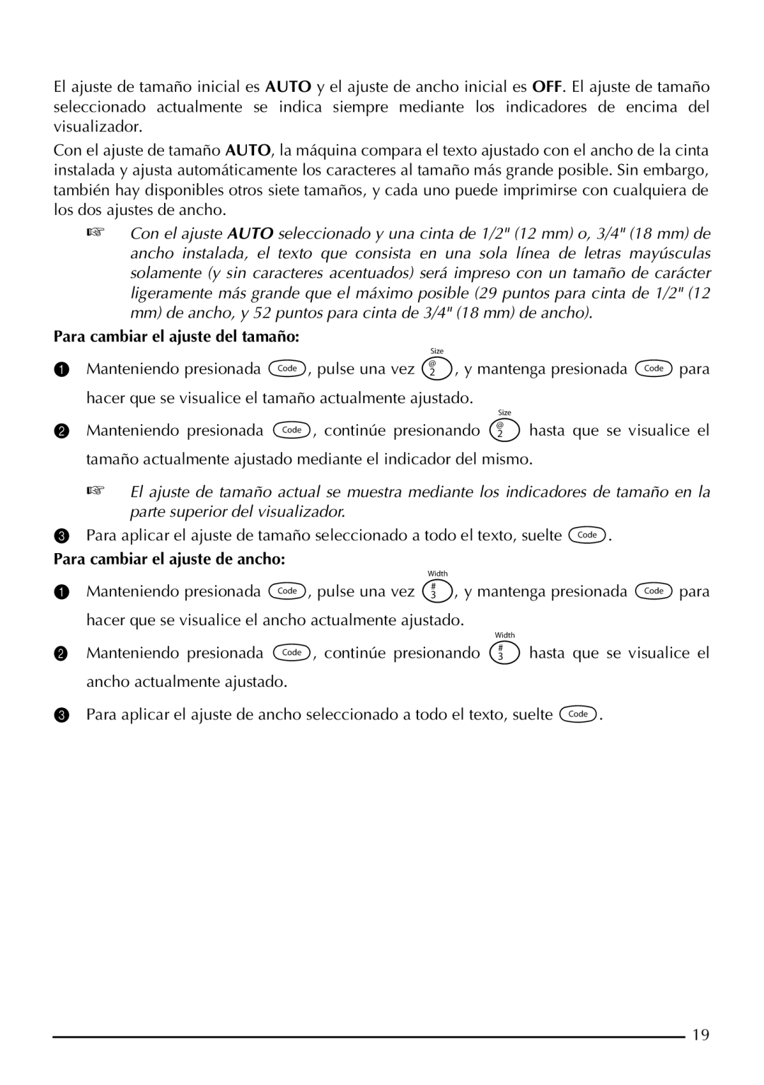 Brother PT-1950, PT-1960 manual Para cambiar el ajuste del tamaño, Para cambiar el ajuste de ancho 