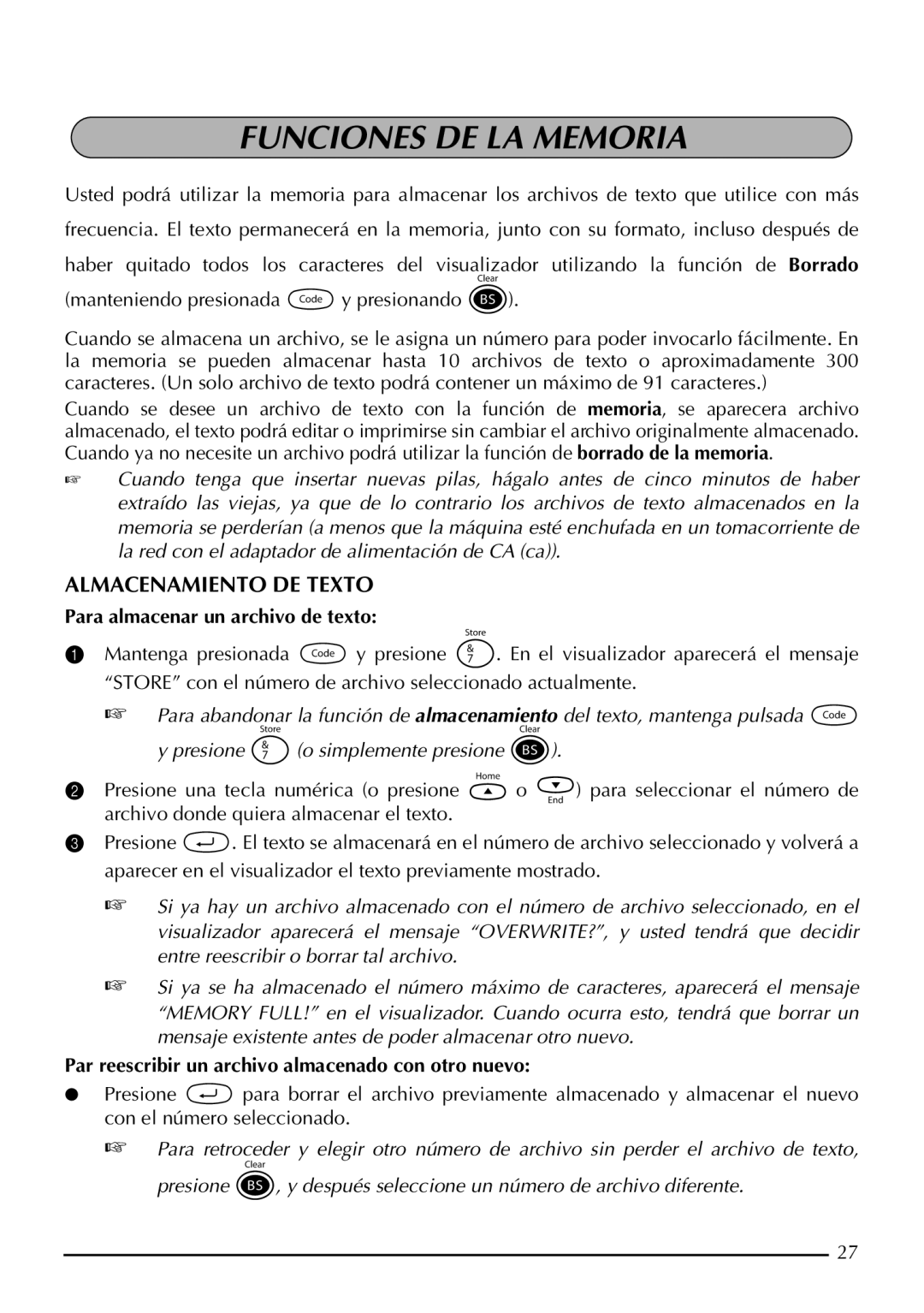 Brother PT-1950, PT-1960 manual Funciones DE LA Memoria, Almacenamiento DE Texto, Para almacenar un archivo de texto 