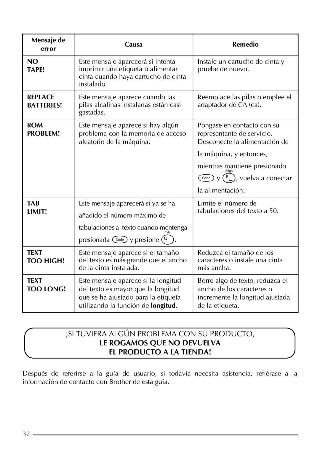 Brother PT-1960, PT-1950 manual LE Rogamos QUE no Devuelva EL Producto a LA Tienda 