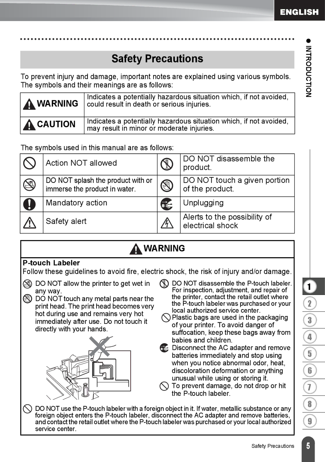 Brother PT2030AD, PT-2030 appendix Safety Precautions, Touch Labeler 