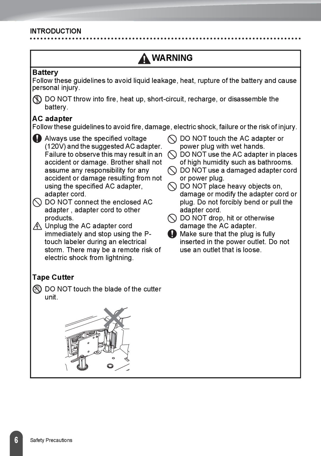 Brother PT-2030, PT2030AD appendix Battery, AC adapter, Tape Cutter 