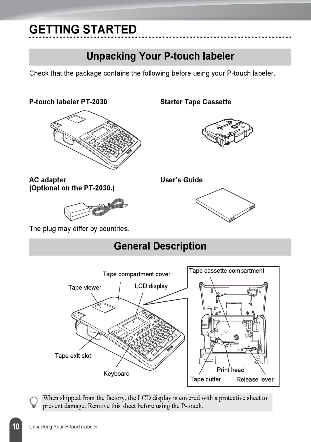 Brother PT2030AD appendix Getting Started, Unpacking Your P-touch labeler, General Description, Touch labeler PT-2030 