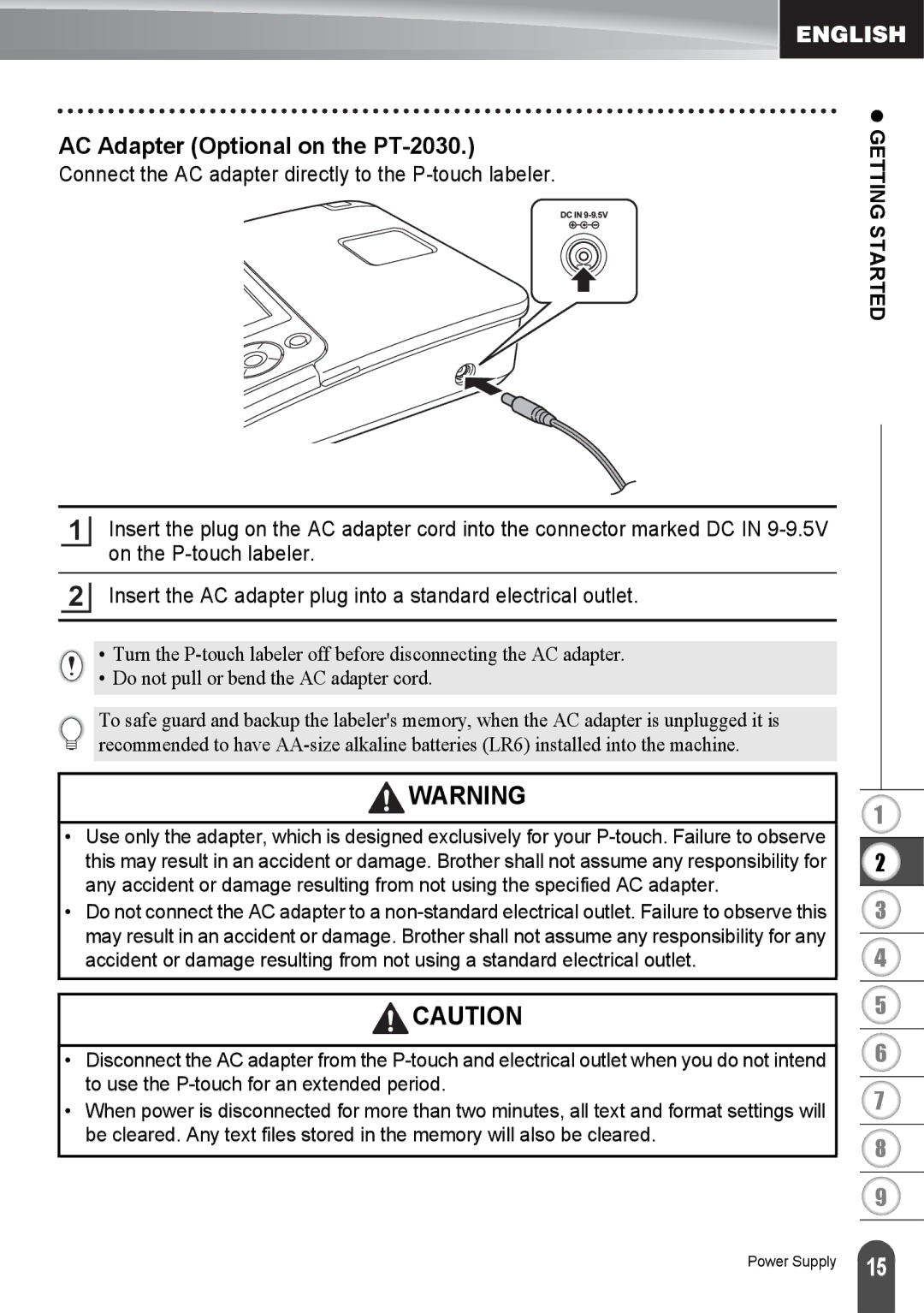 Brother PT2030AD appendix AC Adapter Optional on the PT-2030, Getting Started 