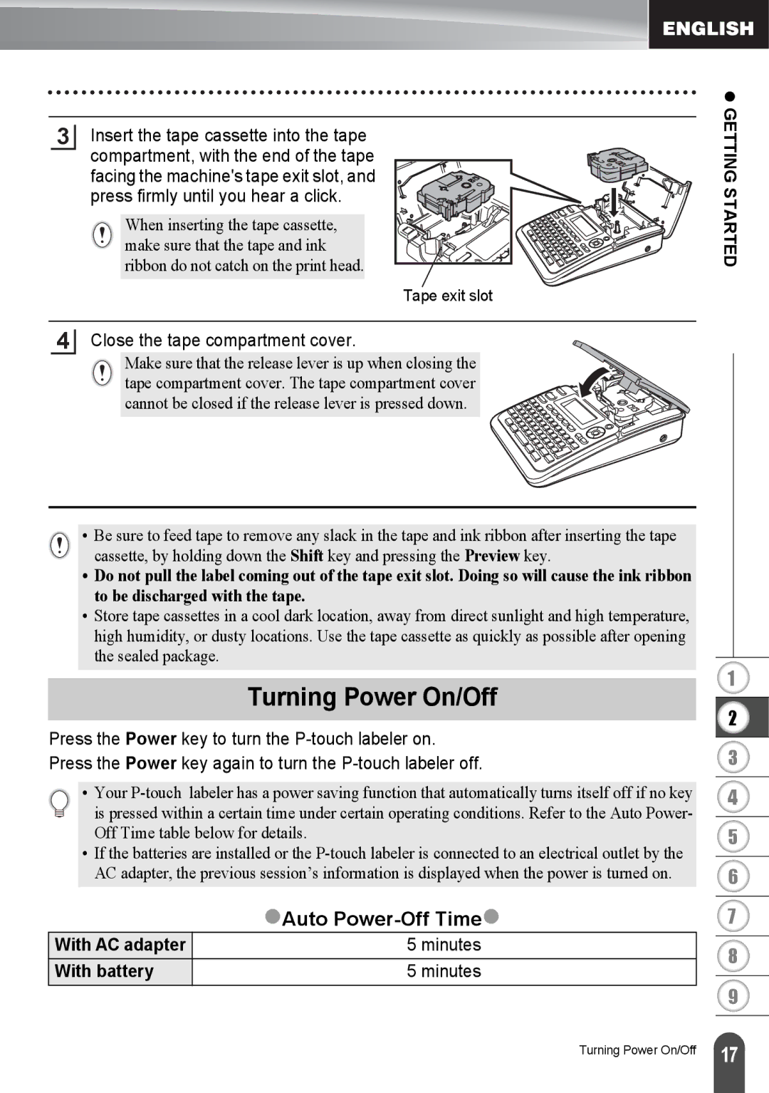 Brother PT2030AD, PT-2030 appendix Turning Power On/Off, ZAuto Power-Off Timez, With battery Minutes 