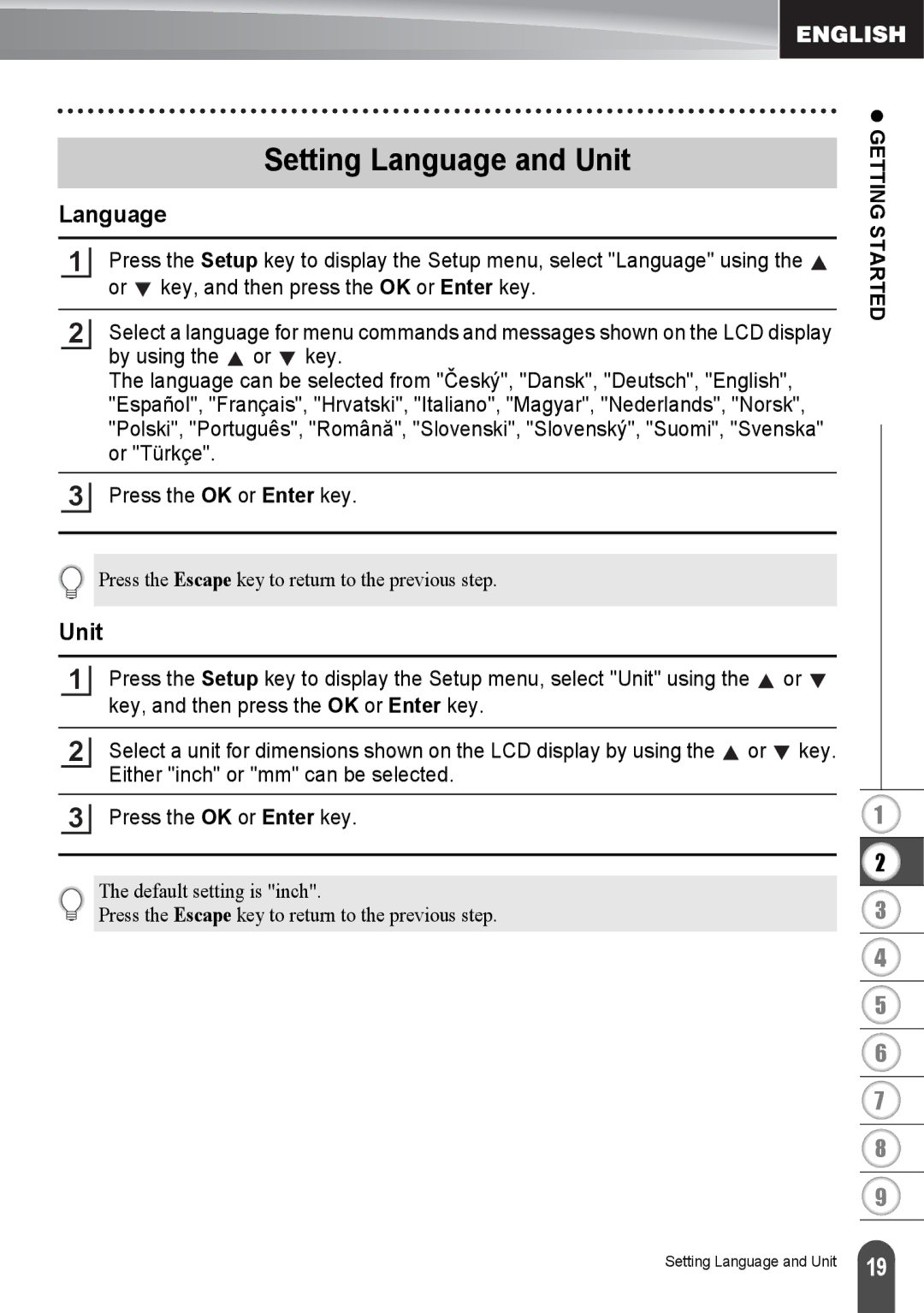 Brother PT2030AD, PT-2030 appendix Setting Language and Unit 