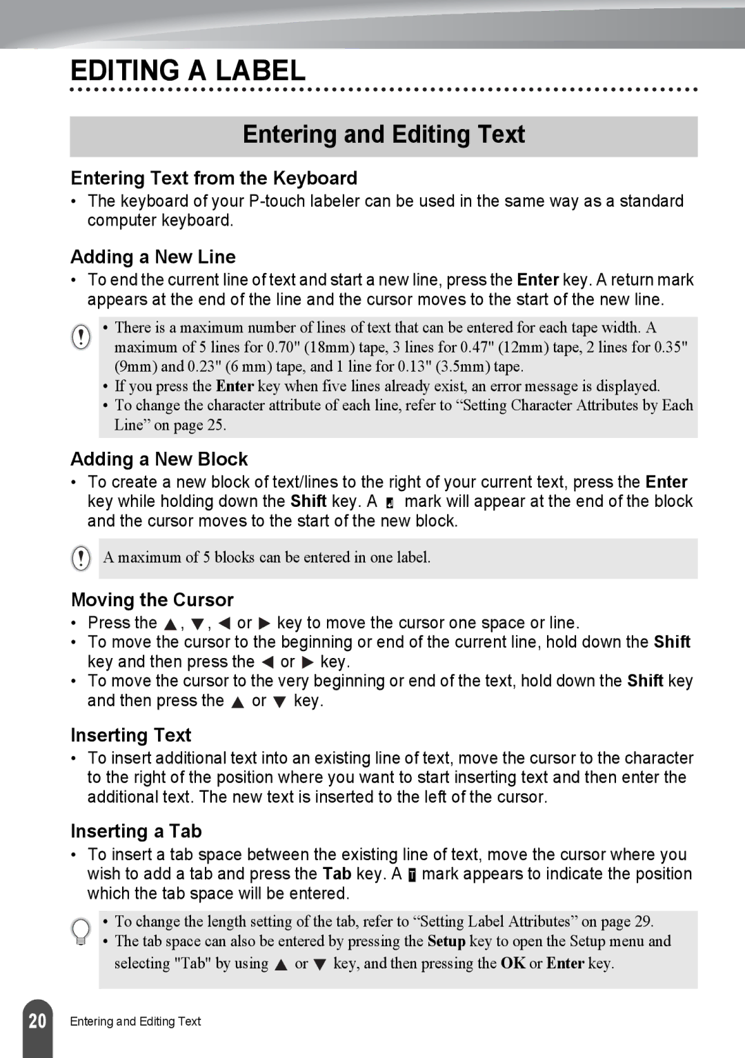 Brother PT-2030, PT2030AD appendix Editing a Label, Entering and Editing Text 