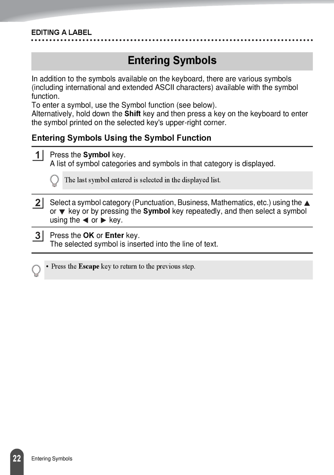 Brother PT-2030, PT2030AD appendix Entering Symbols Using the Symbol Function 