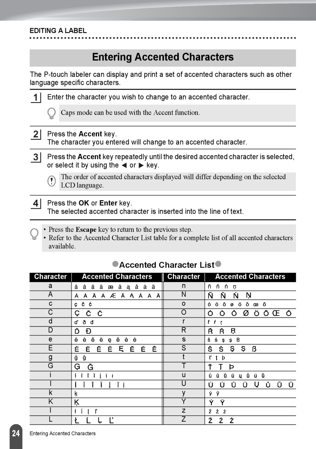 Brother PT-2030, PT2030AD appendix Entering Accented Characters, ZAccented Character Listz 