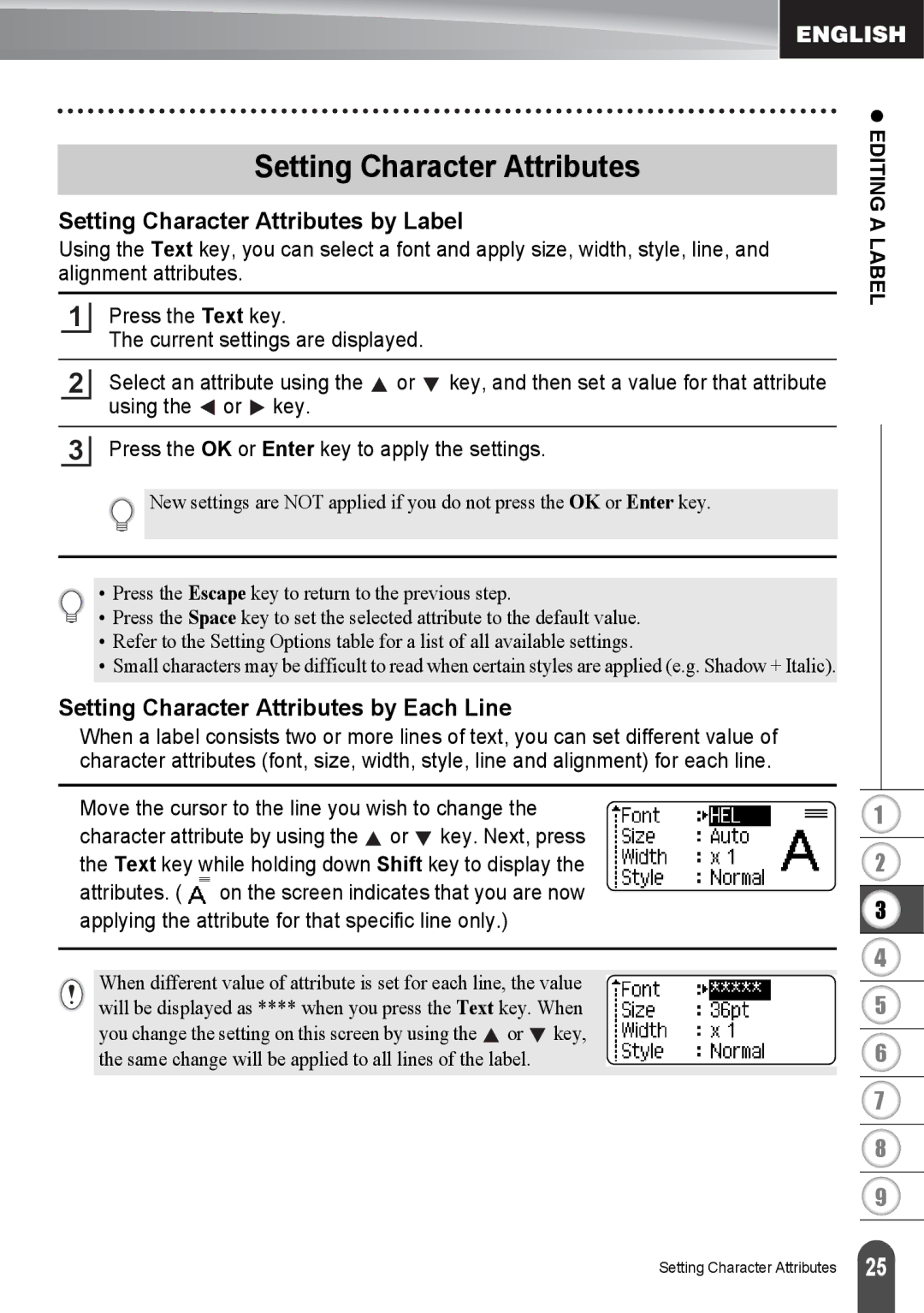 Brother PT2030AD, PT-2030 appendix Setting Character Attributes by Label, Setting Character Attributes by Each Line 