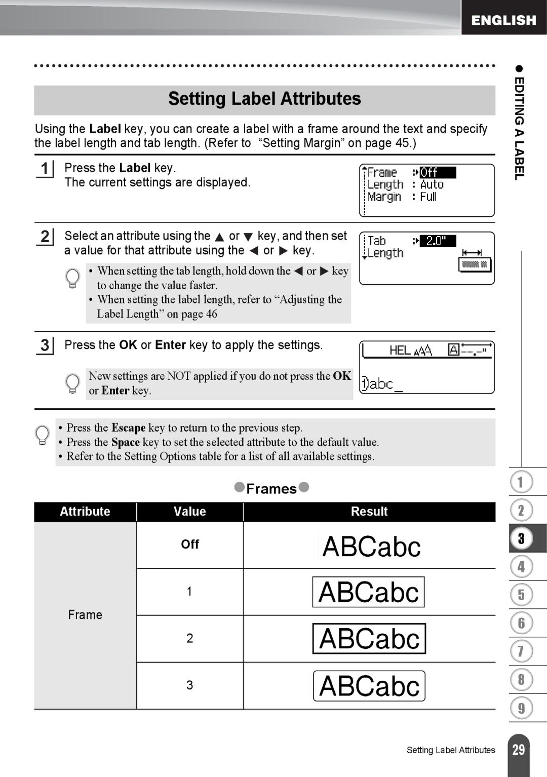 Brother PT2030AD, PT-2030 appendix Setting Label Attributes, ZFramesz 