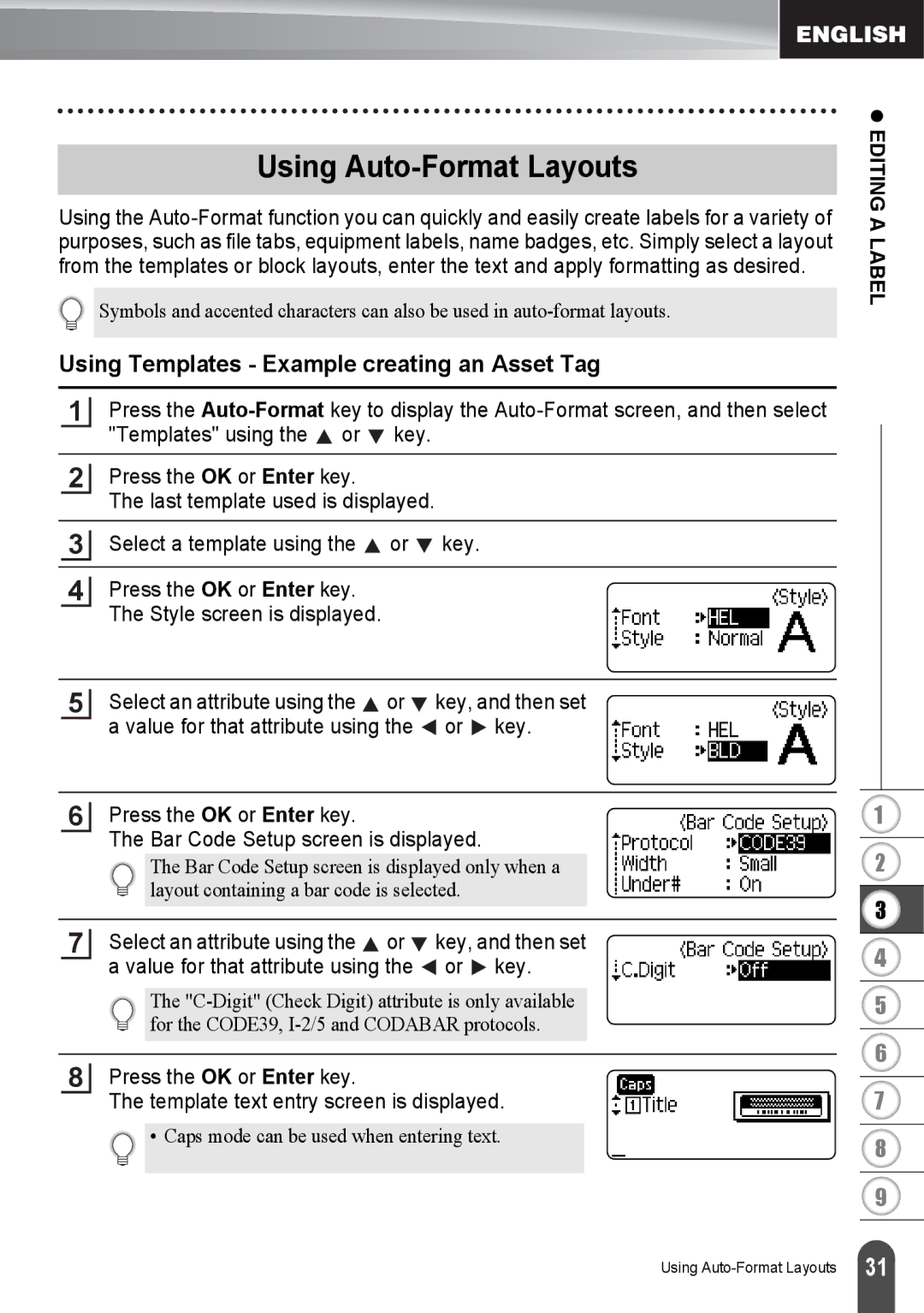 Brother PT2030AD, PT-2030 appendix Using Auto-Format Layouts, Using Templates Example creating an Asset Tag 