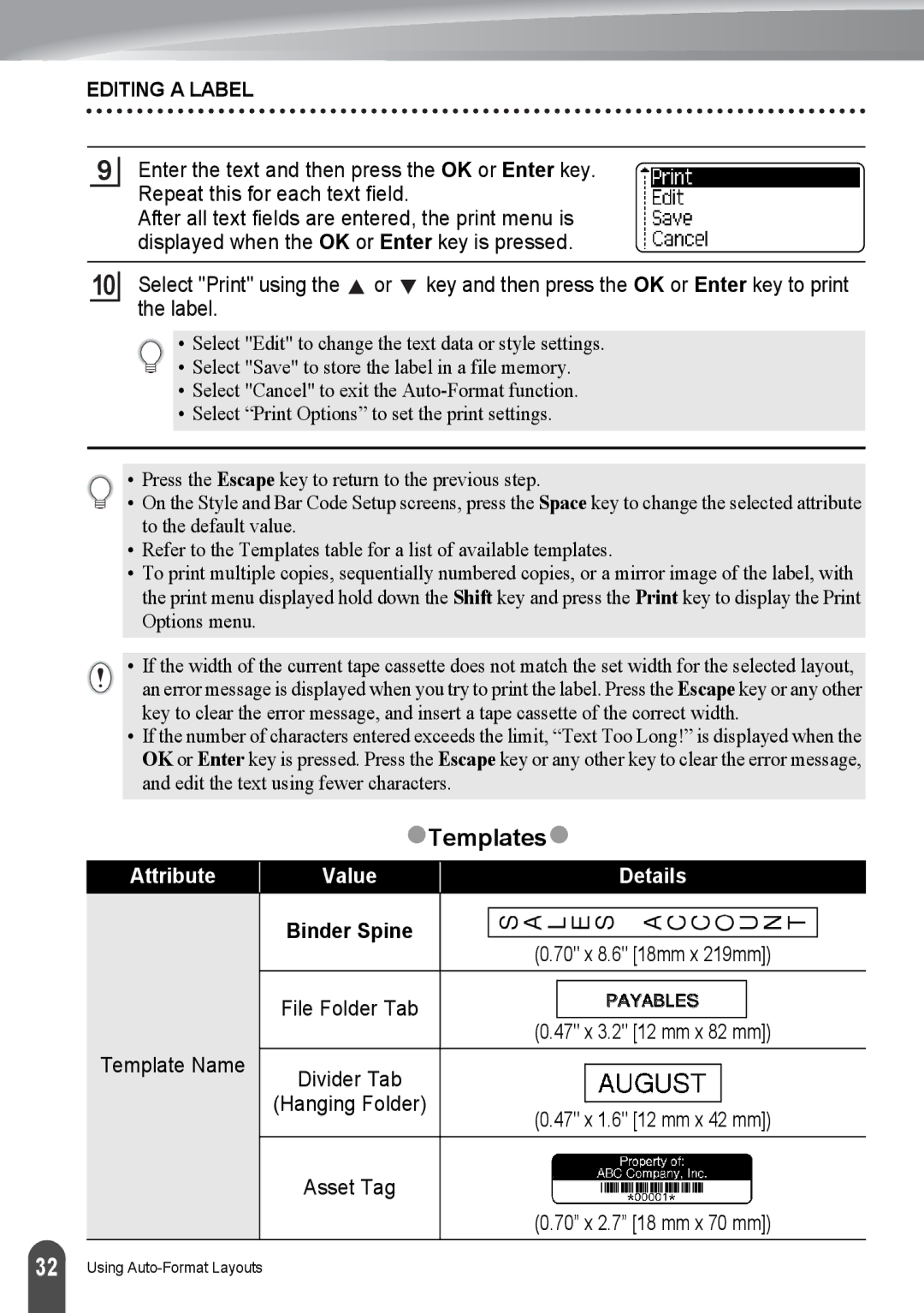 Brother PT-2030, PT2030AD appendix ZTemplatesz, Attribute Value Details 