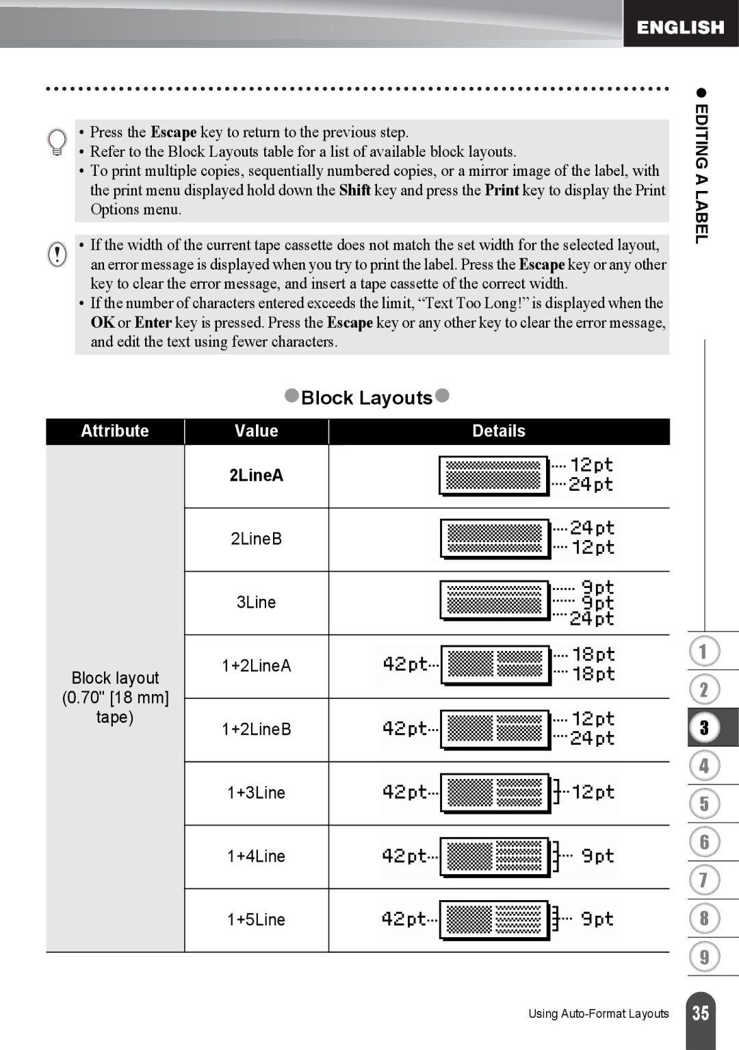 Brother PT2030AD, PT-2030 appendix ZBlock Layoutsz, Editing a Label 