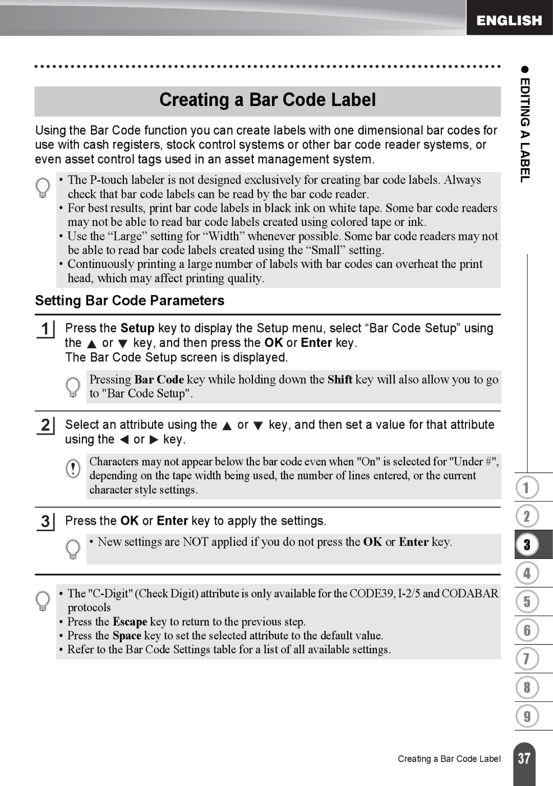 Brother PT2030AD, PT-2030 appendix Creating a Bar Code Label, Setting Bar Code Parameters 