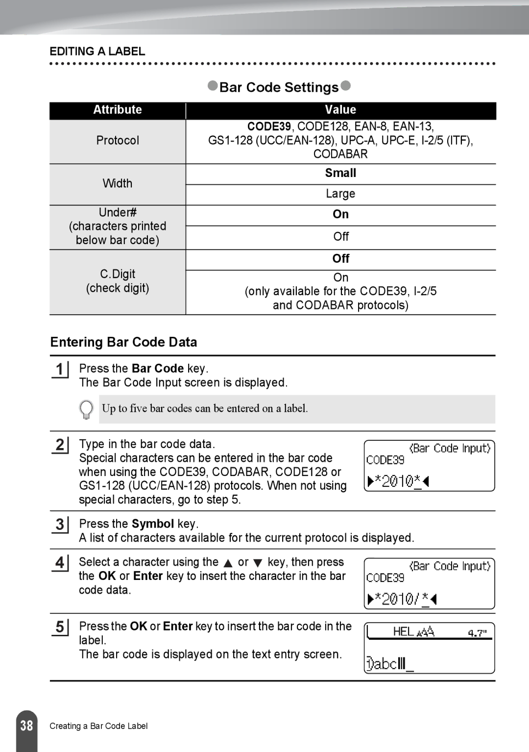 Brother PT-2030, PT2030AD appendix ZBar Code Settingsz, Entering Bar Code Data 