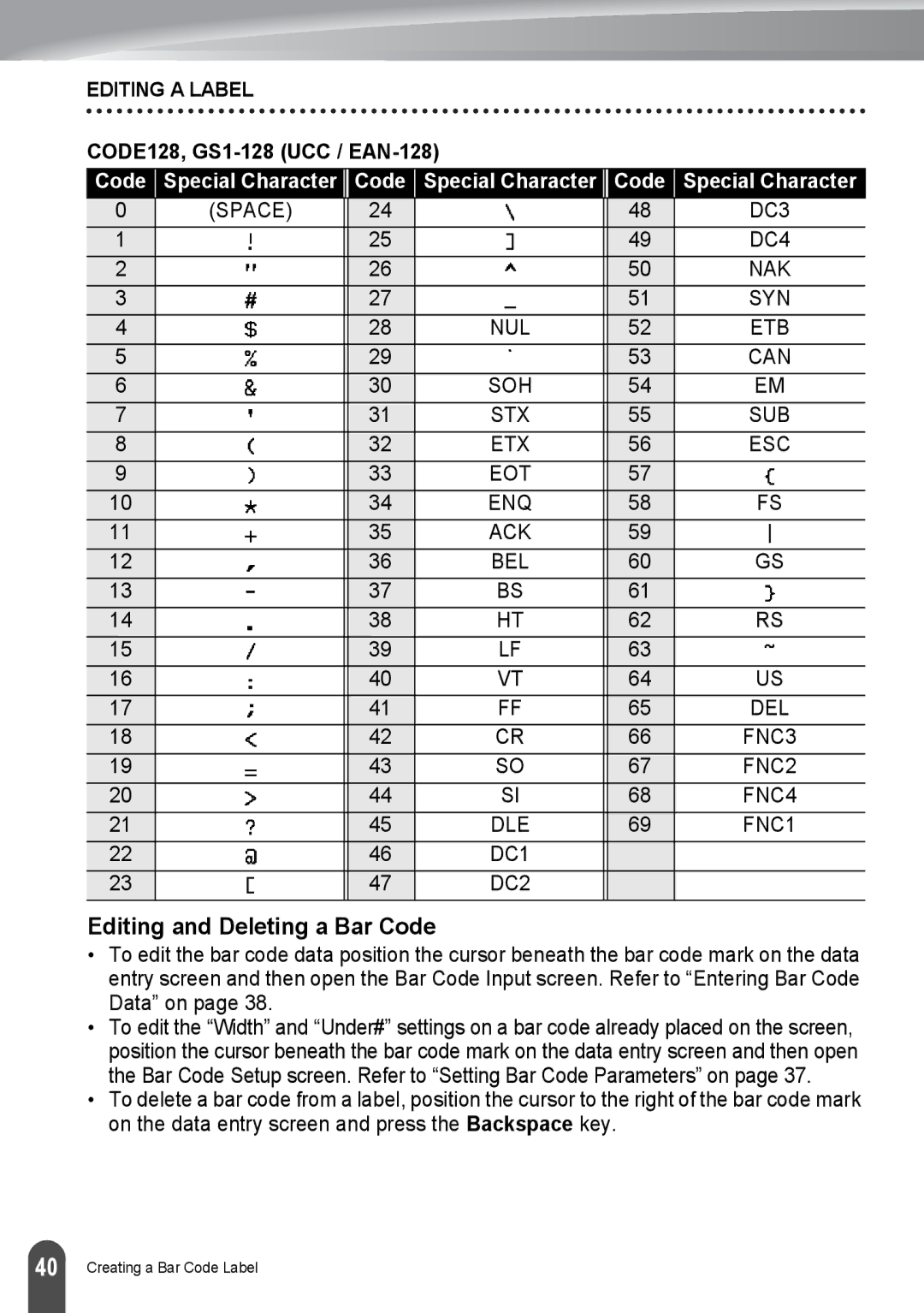 Brother PT-2030, PT2030AD appendix Editing and Deleting a Bar Code, CODE128, GS1-128 UCC / EAN-128 