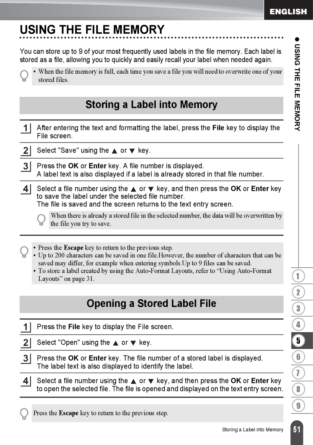 Brother PT2030AD, PT-2030 appendix Using the File Memory, Storing a Label into Memory, Opening a Stored Label File 