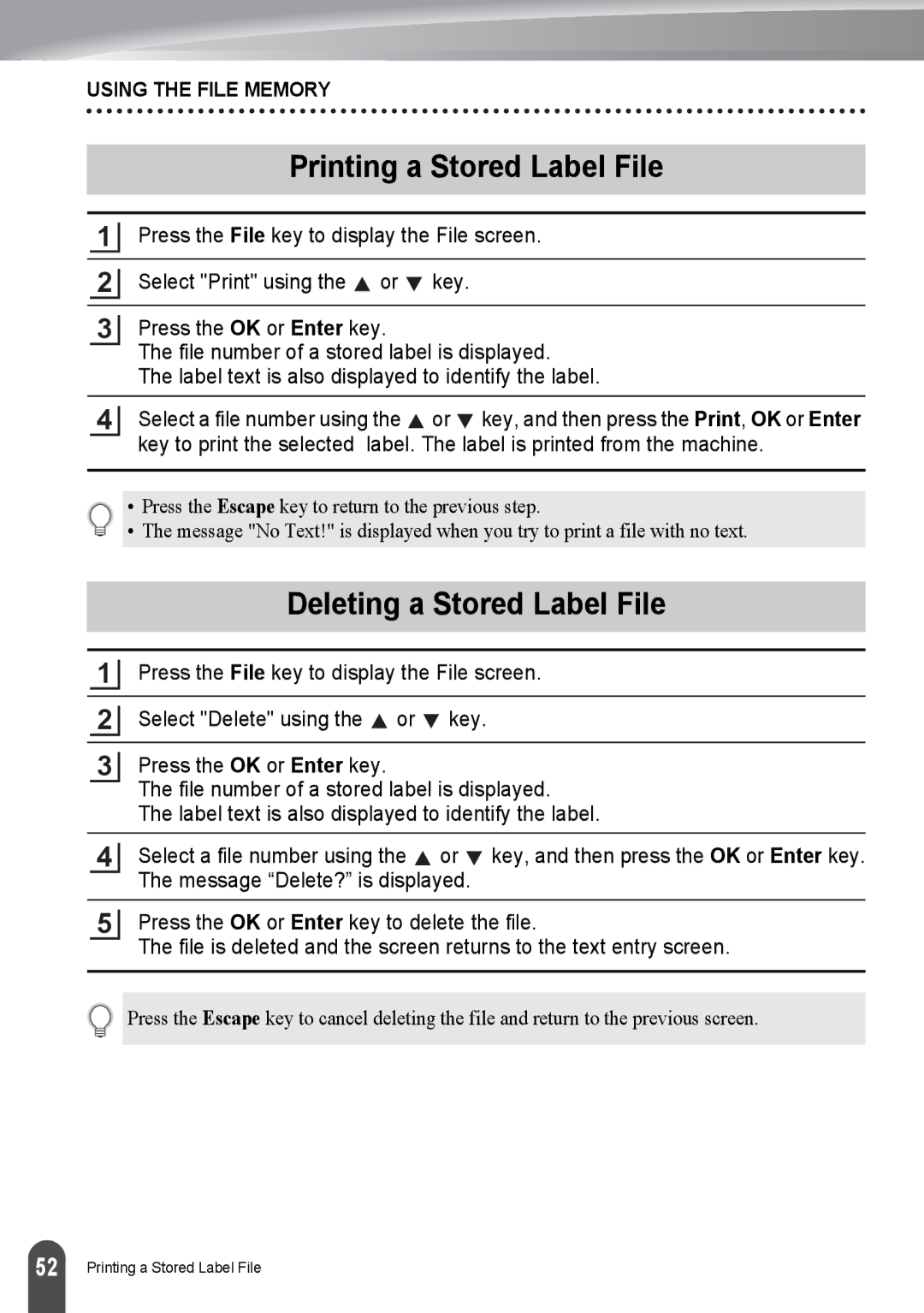 Brother PT-2030, PT2030AD appendix Printing a Stored Label File, Deleting a Stored Label File 