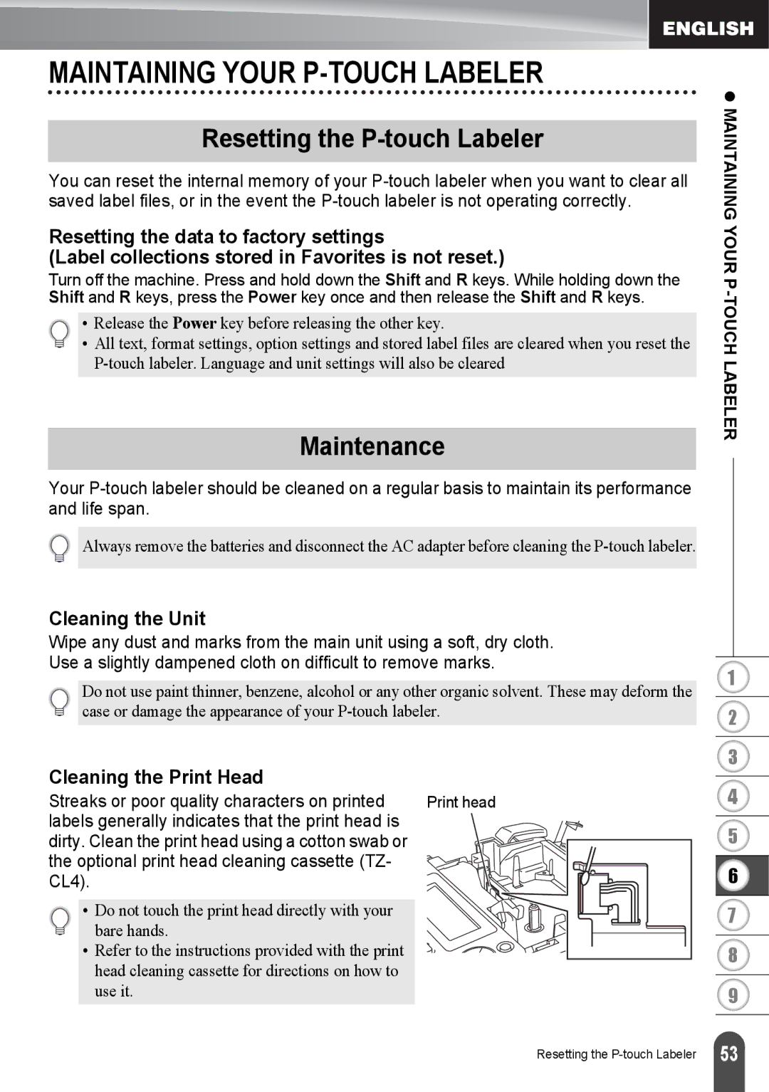 Brother PT2030AD, PT-2030 Maintaining Your P-TOUCH Labeler, Resetting the P-touch Labeler, Maintenance, Cleaning the Unit 