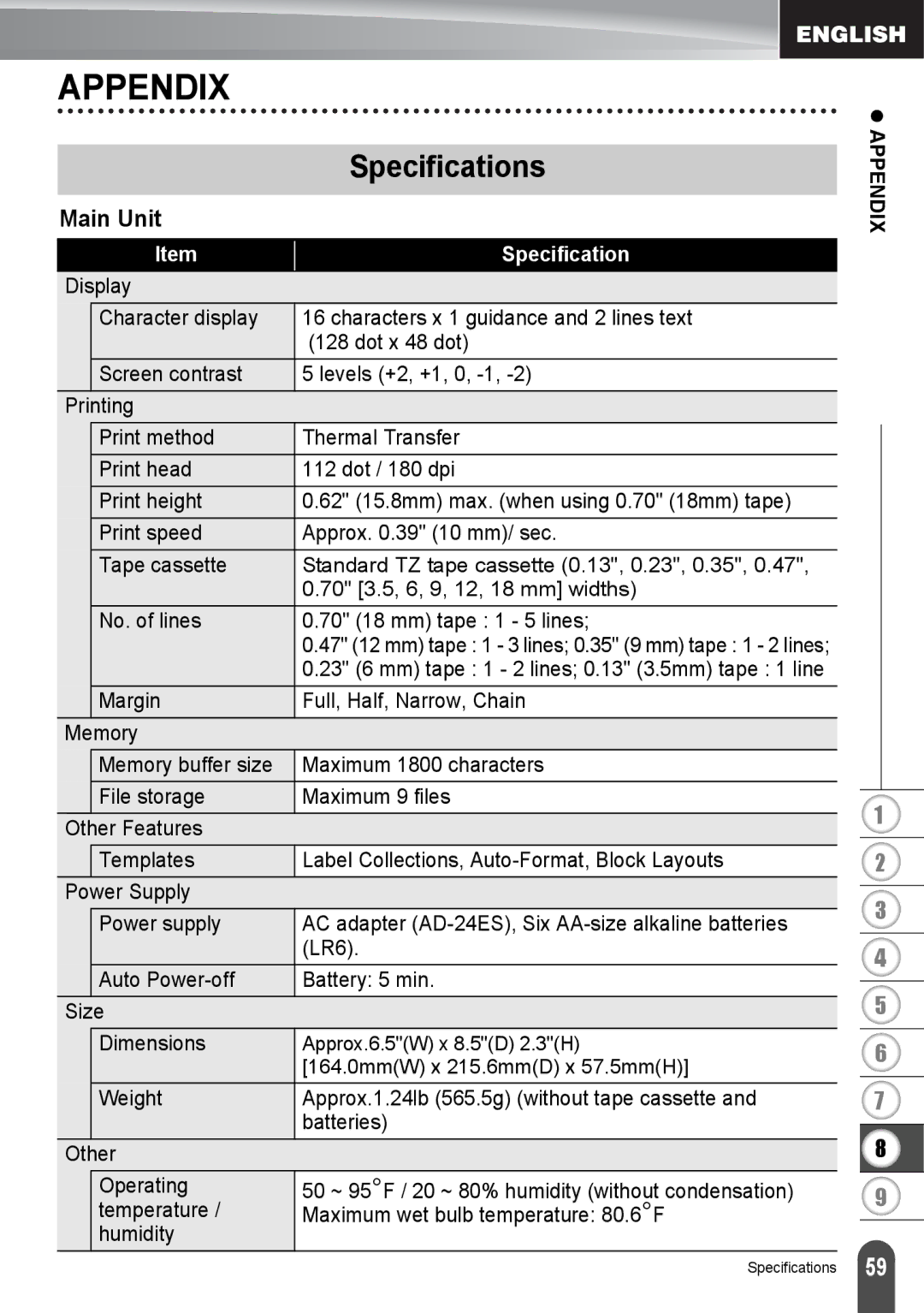 Brother PT2030AD, PT-2030 appendix Appendix, Specifications, Main Unit 