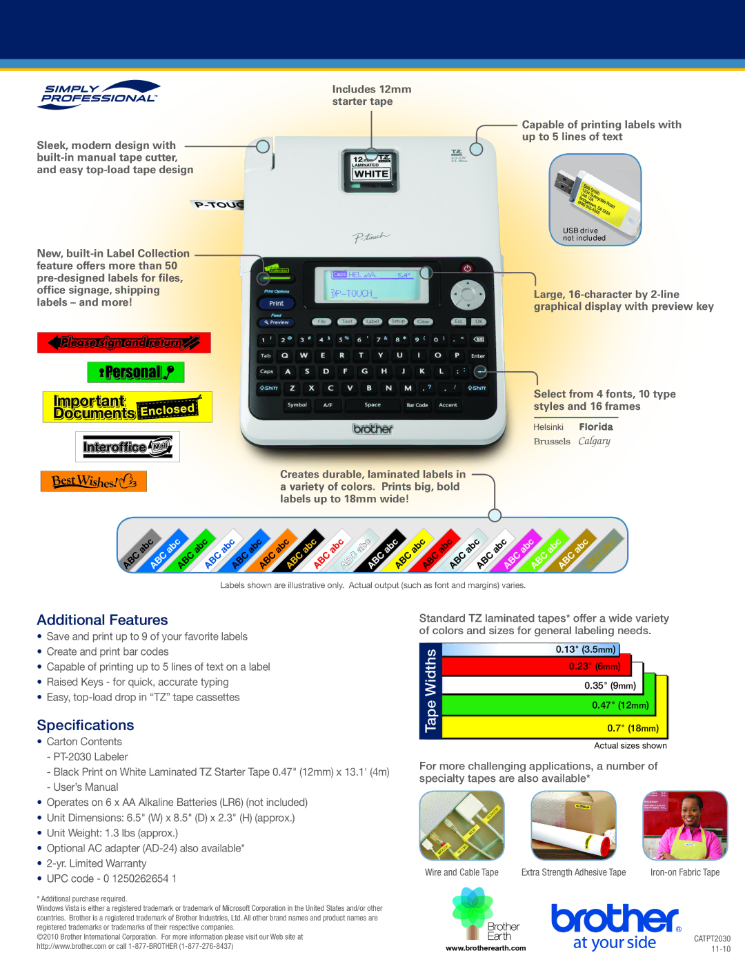 Brother PT-2030 manual Additional Features, Specifications, Tape 