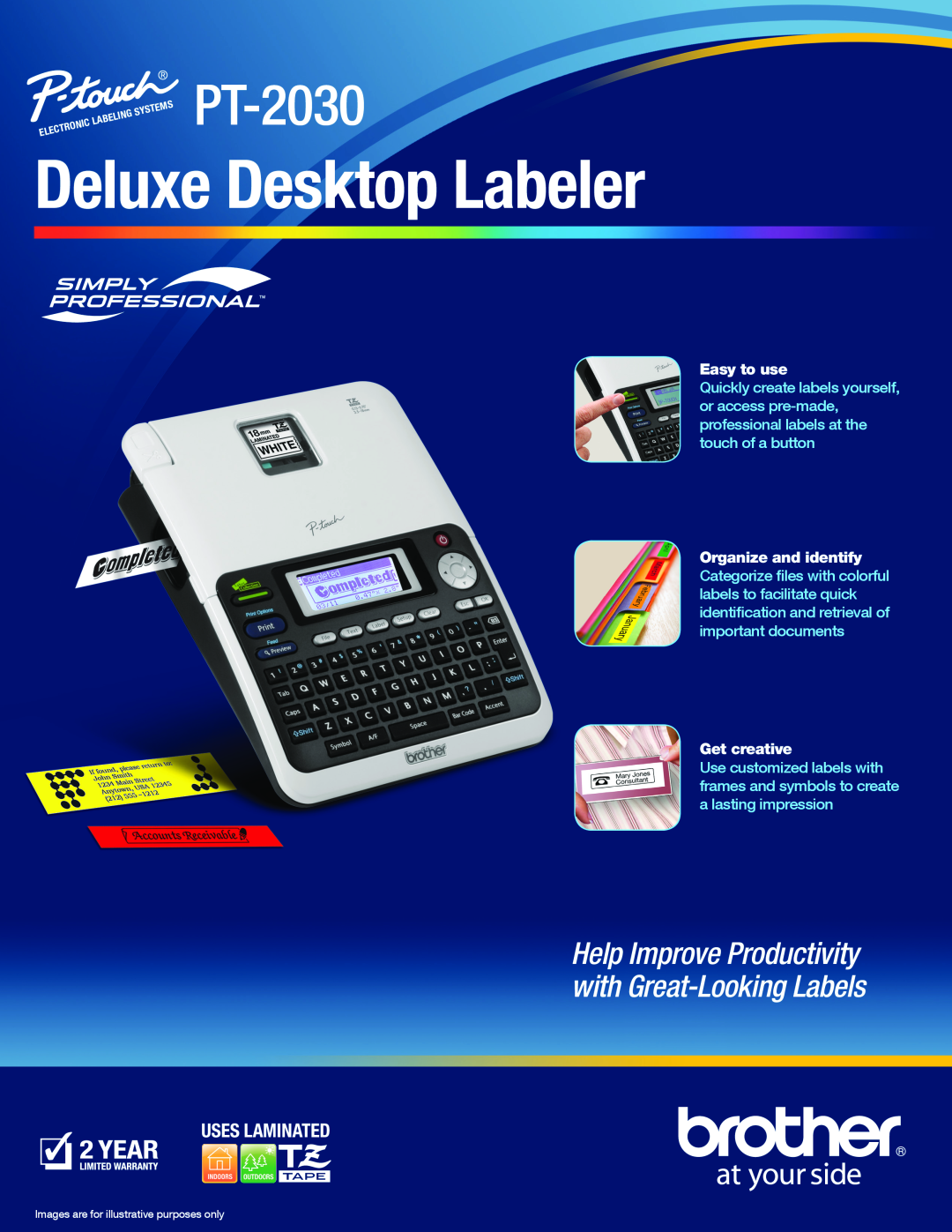 Brother PT-2030 manual Deluxe Desktop Labeler, Help Improve Productivity with Great-Looking Labels, Uses Laminated 
