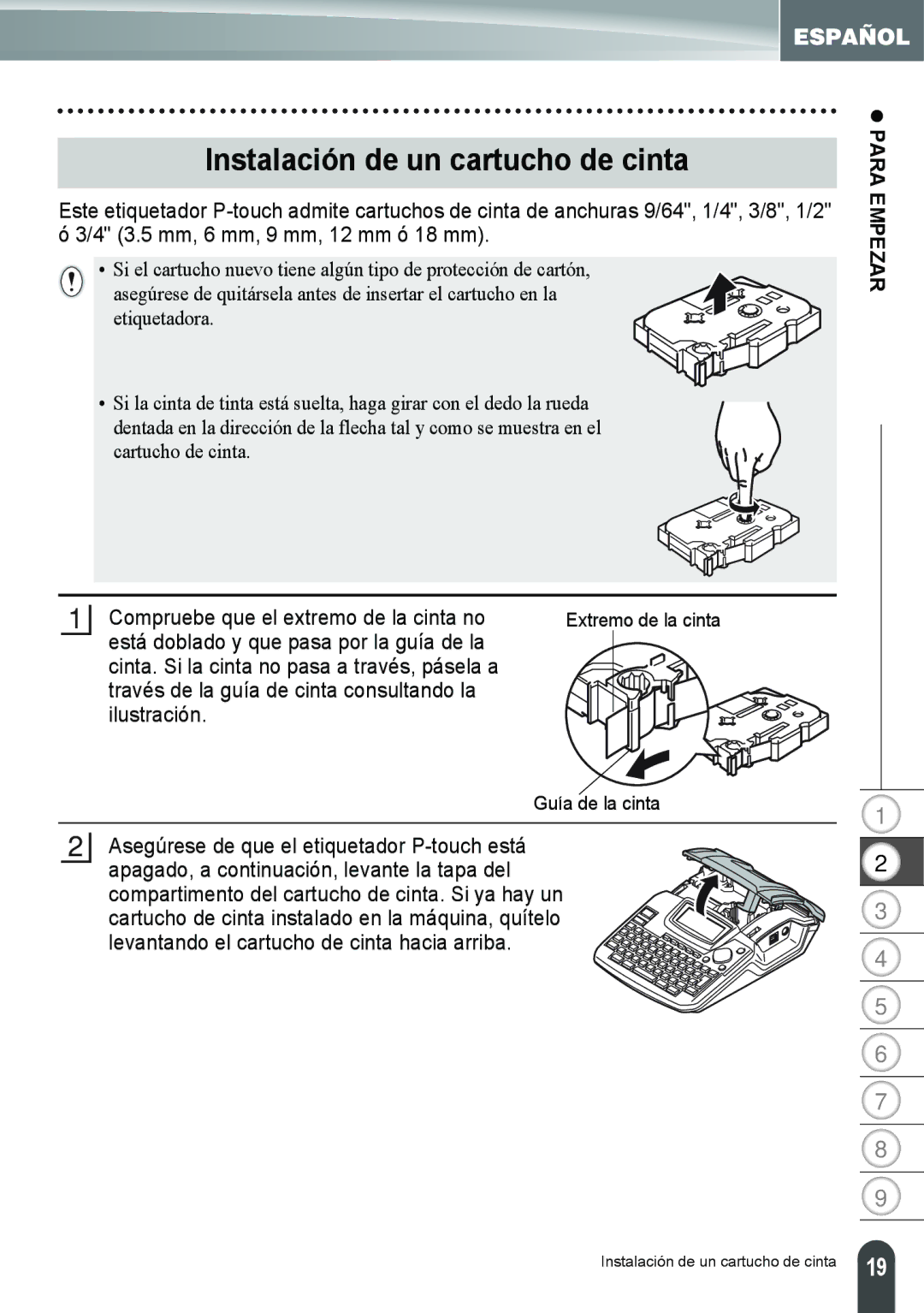 Brother PT-2100, PT-2110 manual Instalación de un cartucho de cinta, Compruebe que el extremo de la cinta no 