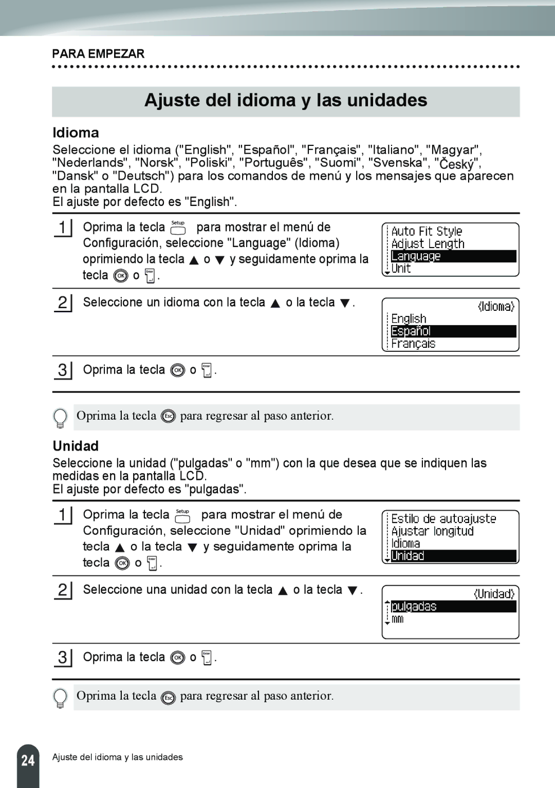 Brother PT-2110, PT-2100 manual Ajuste del idioma y las unidades, Idioma, Unidad 