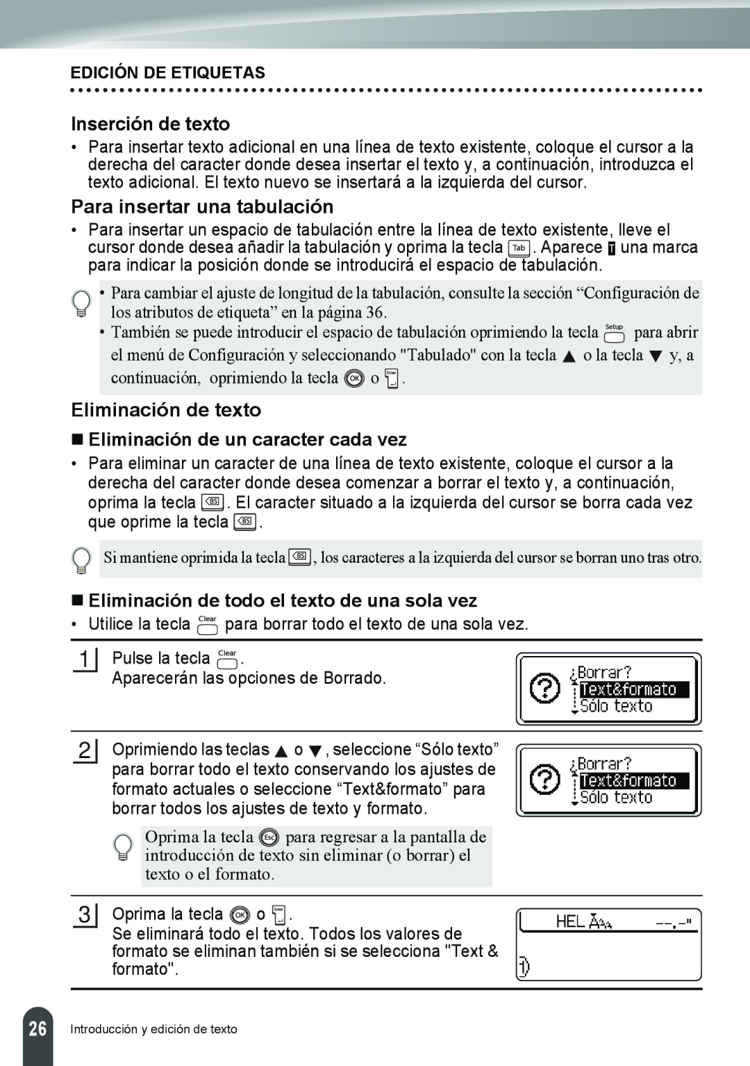 Brother PT-2110, PT-2100 manual Inserción de texto, Para insertar una tabulación, Eliminación de texto 