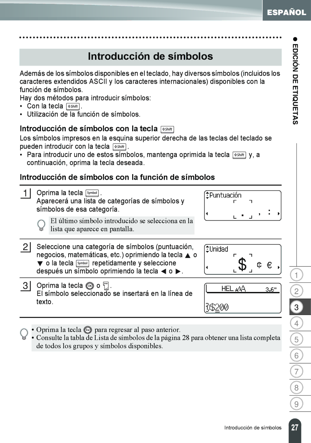 Brother PT-2100, PT-2110 Introducción de símbolos con la tecla, Introducción de símbolos con la función de símbolos 