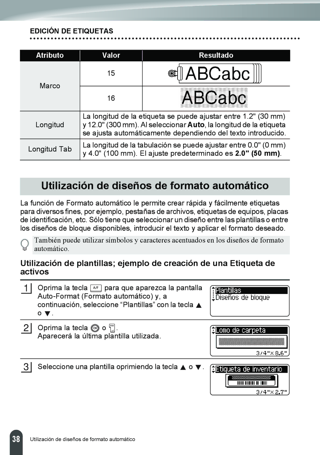 Brother PT-2110, PT-2100 manual Utilización de diseños de formato automático 