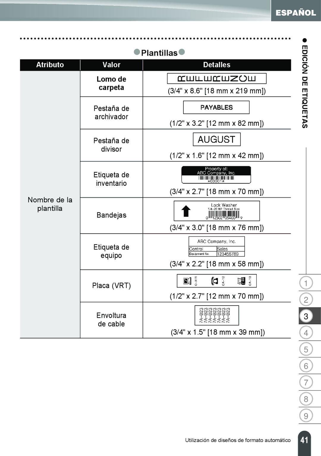 Brother PT-2100, PT-2110 manual ZPlantillasz, Atributo Valor Detalles, Lomo de Carpeta 