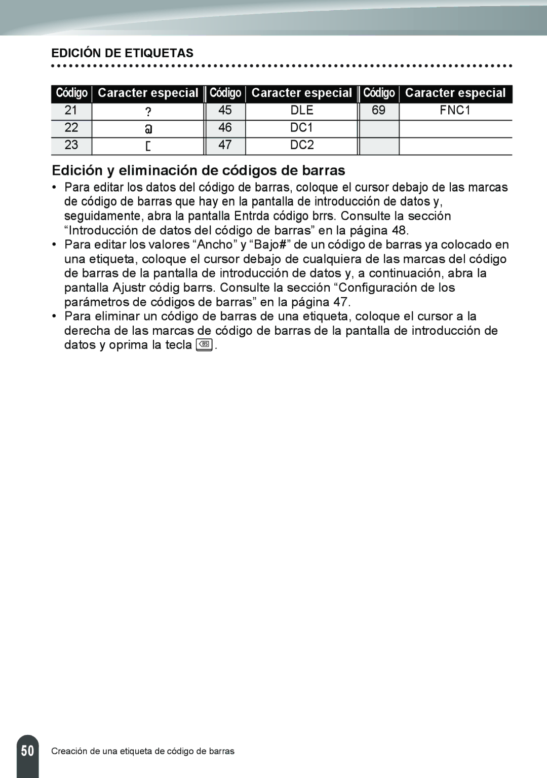 Brother PT-2110, PT-2100 manual Edición y eliminación de códigos de barras 