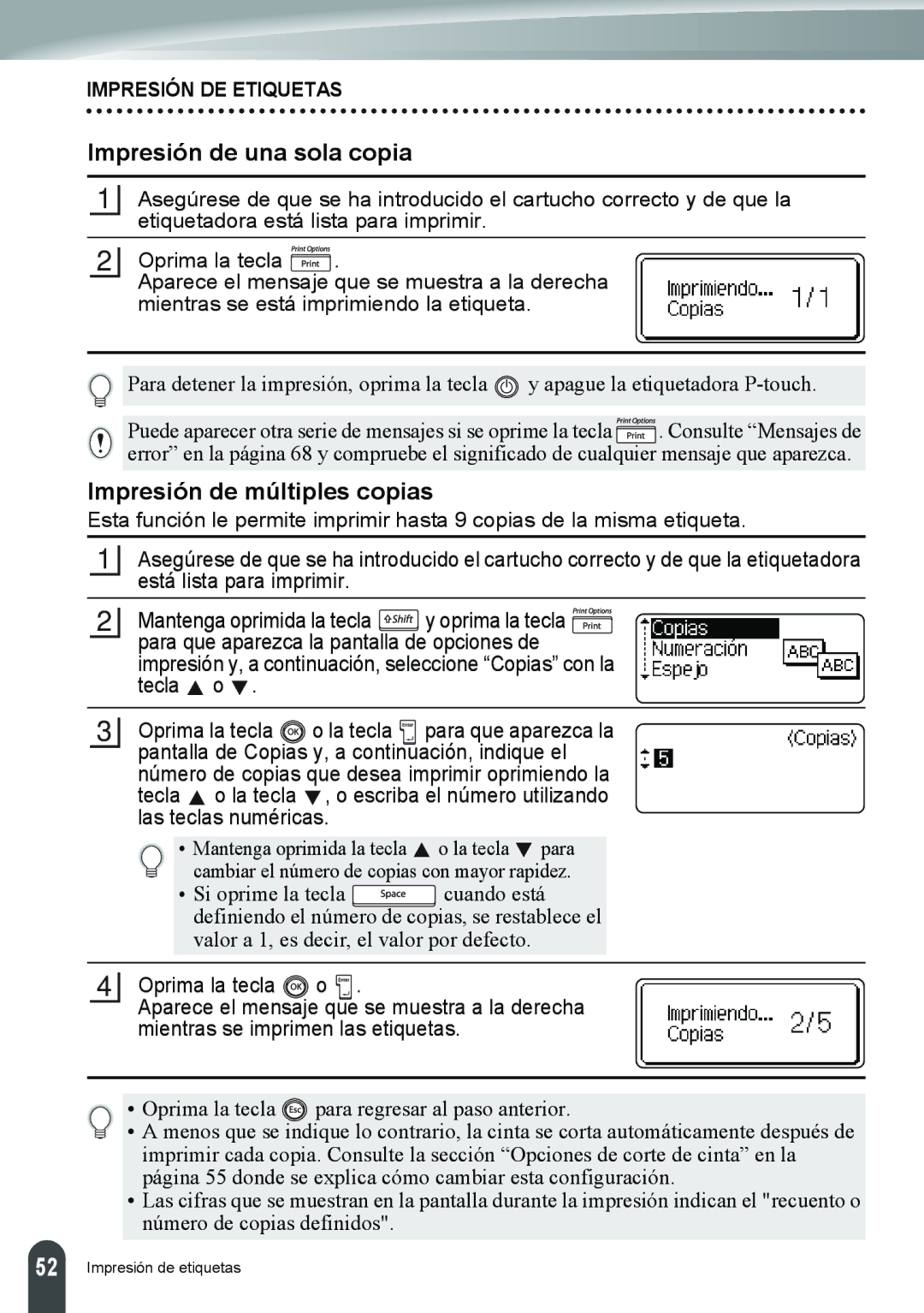 Brother PT-2110, PT-2100 manual Impresión de una sola copia, Impresión de múltiples copias 