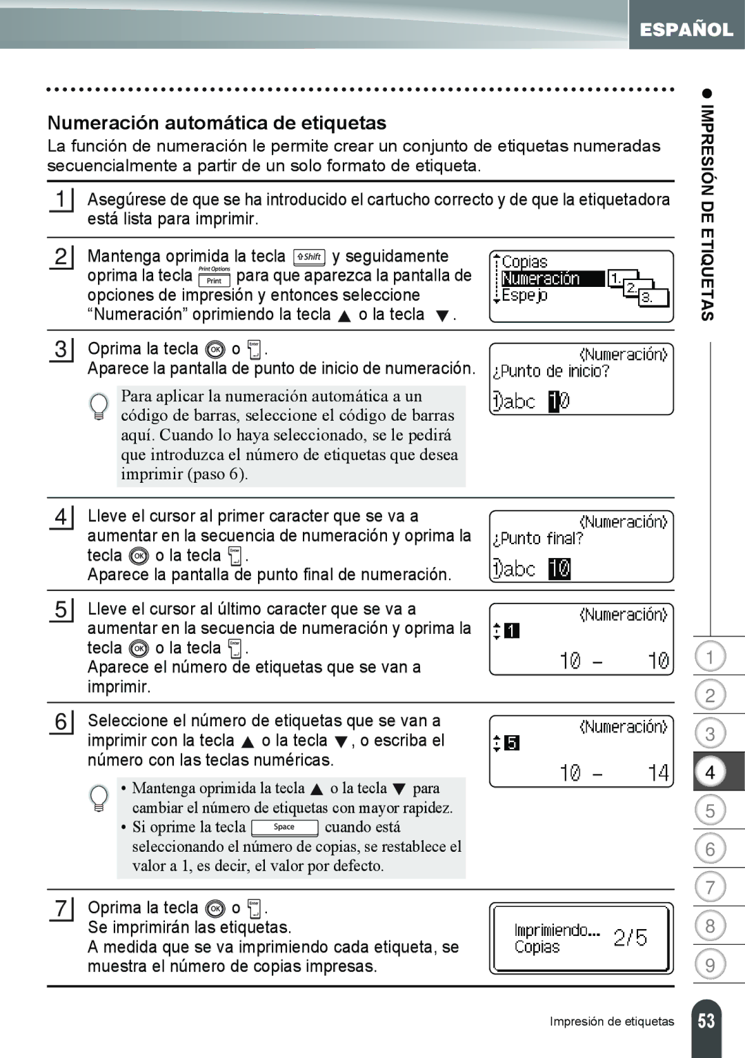 Brother PT-2100, PT-2110 manual Numeración automática de etiquetas 