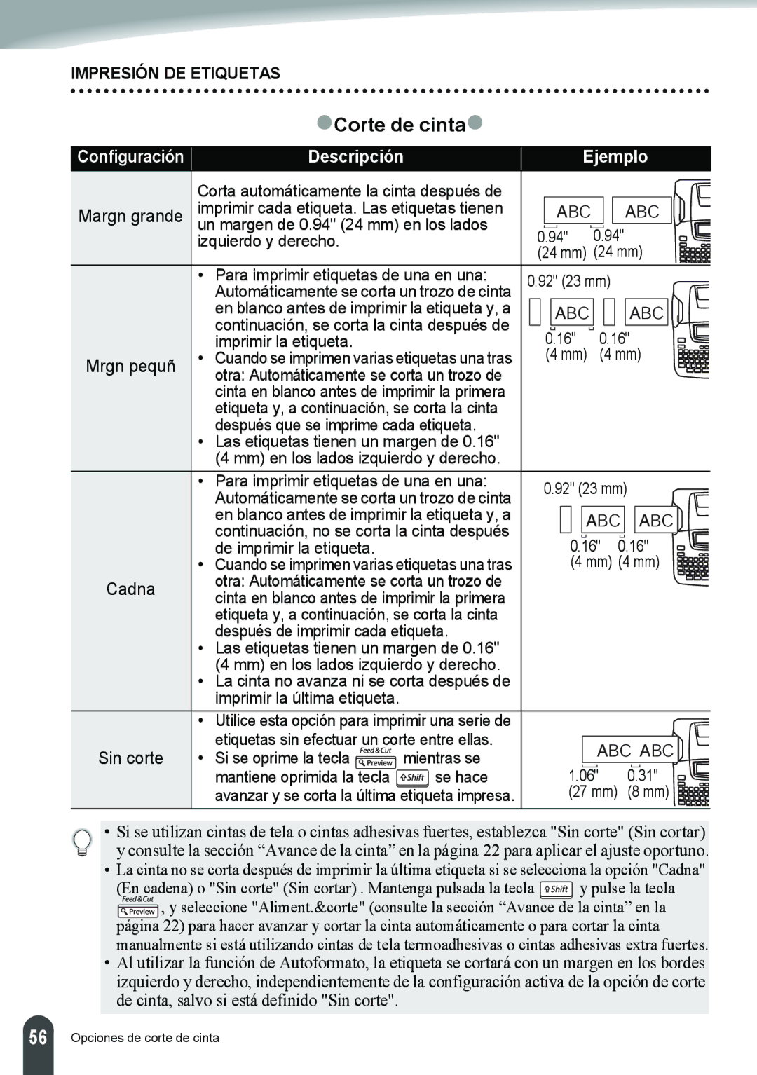 Brother PT-2110, PT-2100 manual ZCorte de cintaz, Descripción Ejemplo 