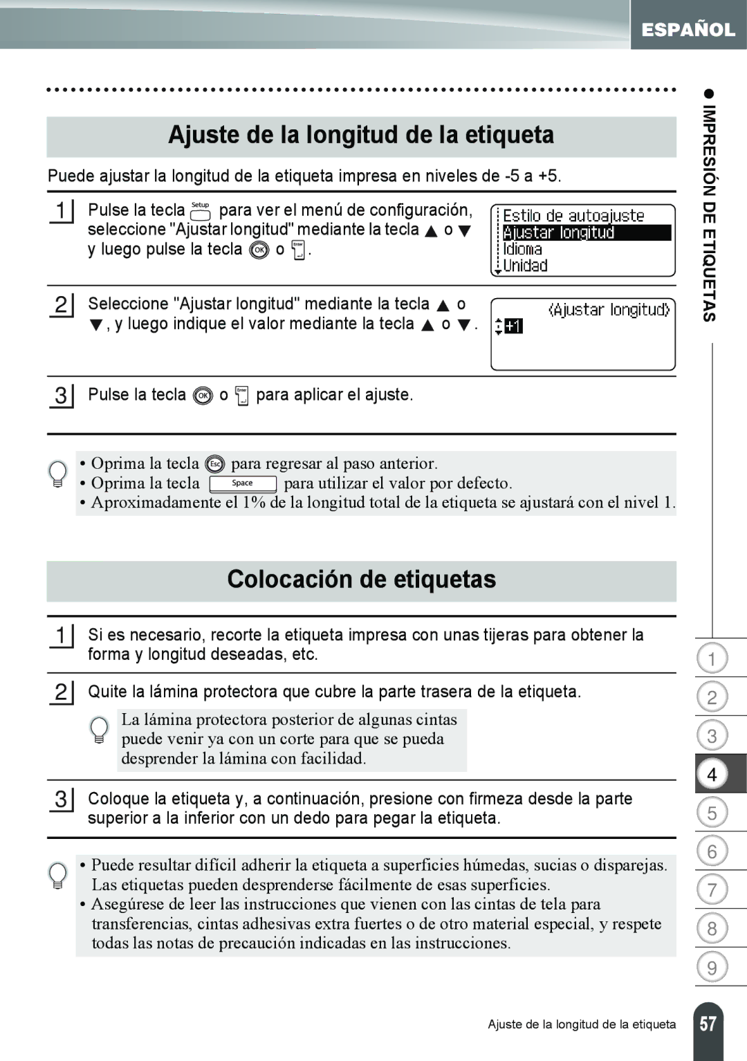 Brother PT-2100, PT-2110 manual Ajuste de la longitud de la etiqueta, Colocación de etiquetas 